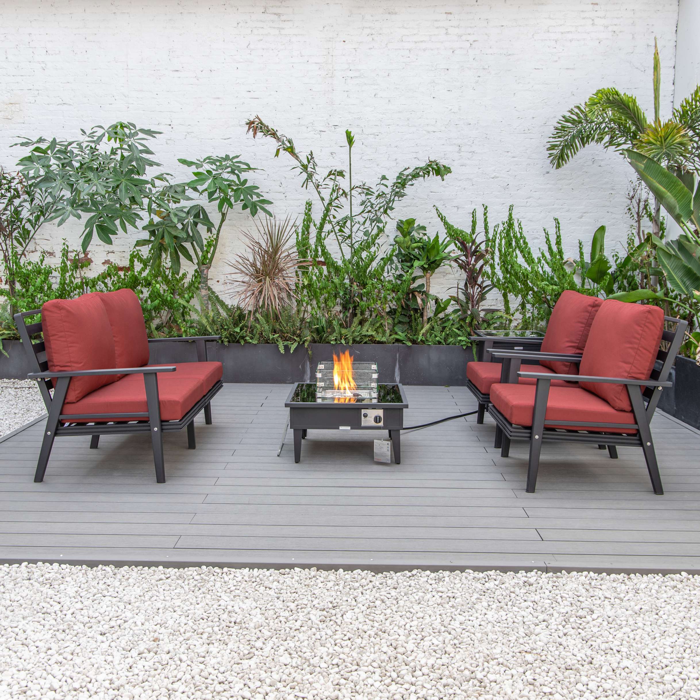 LeisureMod Walbrooke Modern Black Patio Conversation With Square Fire Pit & Tank Holder - Image 58