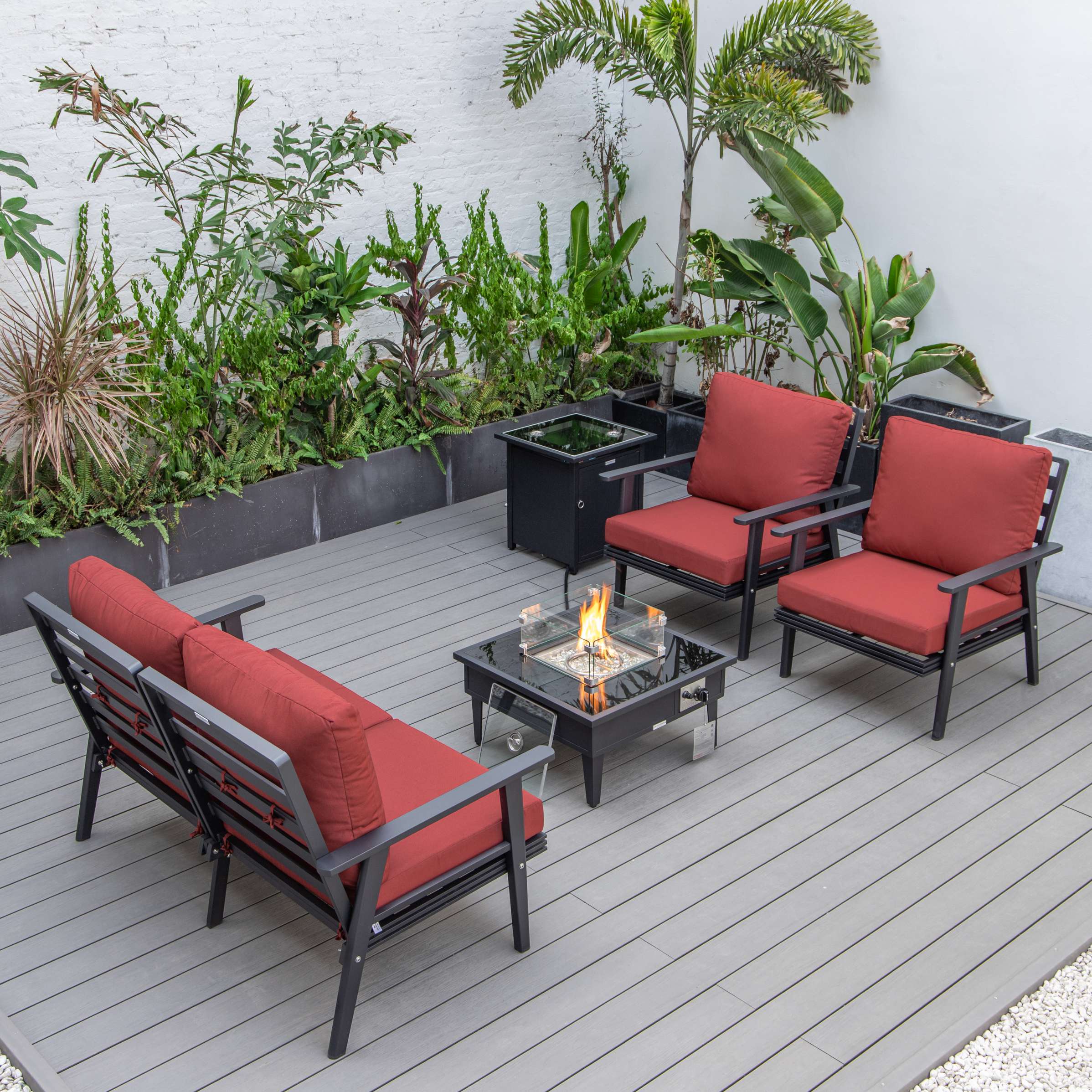 LeisureMod Walbrooke Modern Black Patio Conversation With Square Fire Pit & Tank Holder - Image 59