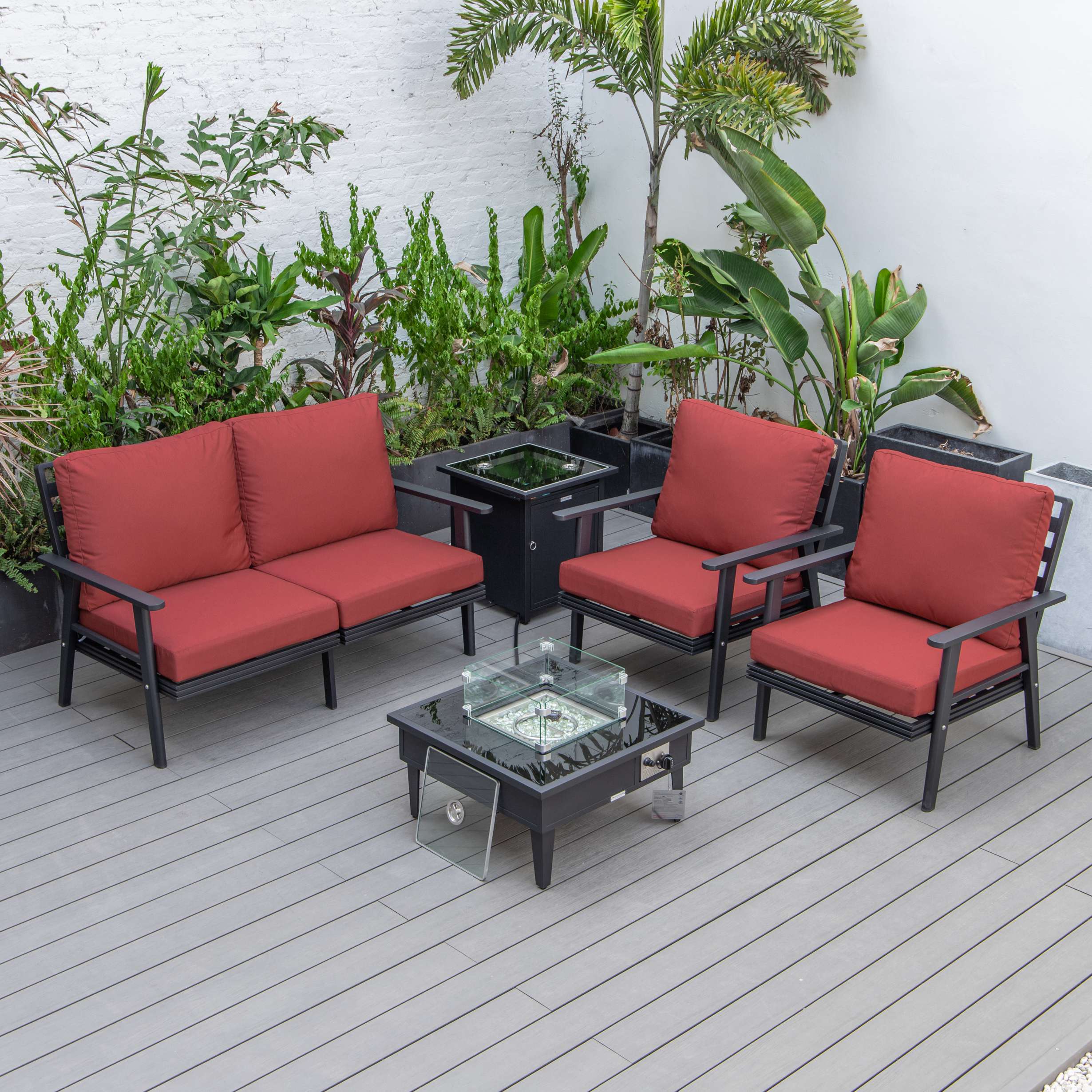 LeisureMod Walbrooke Modern Black Patio Conversation With Square Fire Pit & Tank Holder - Image 60