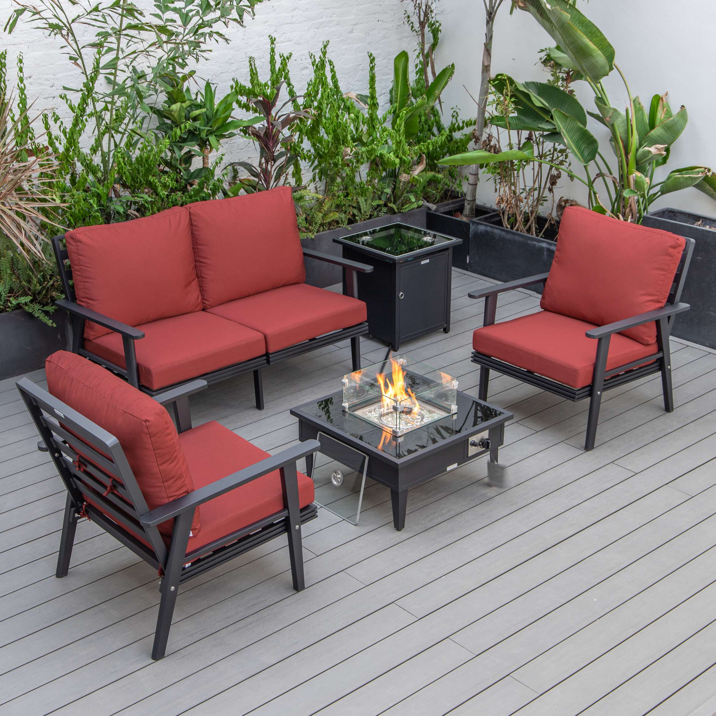 LeisureMod Walbrooke Modern Black Patio Conversation With Square Fire Pit & Tank Holder - Image 61