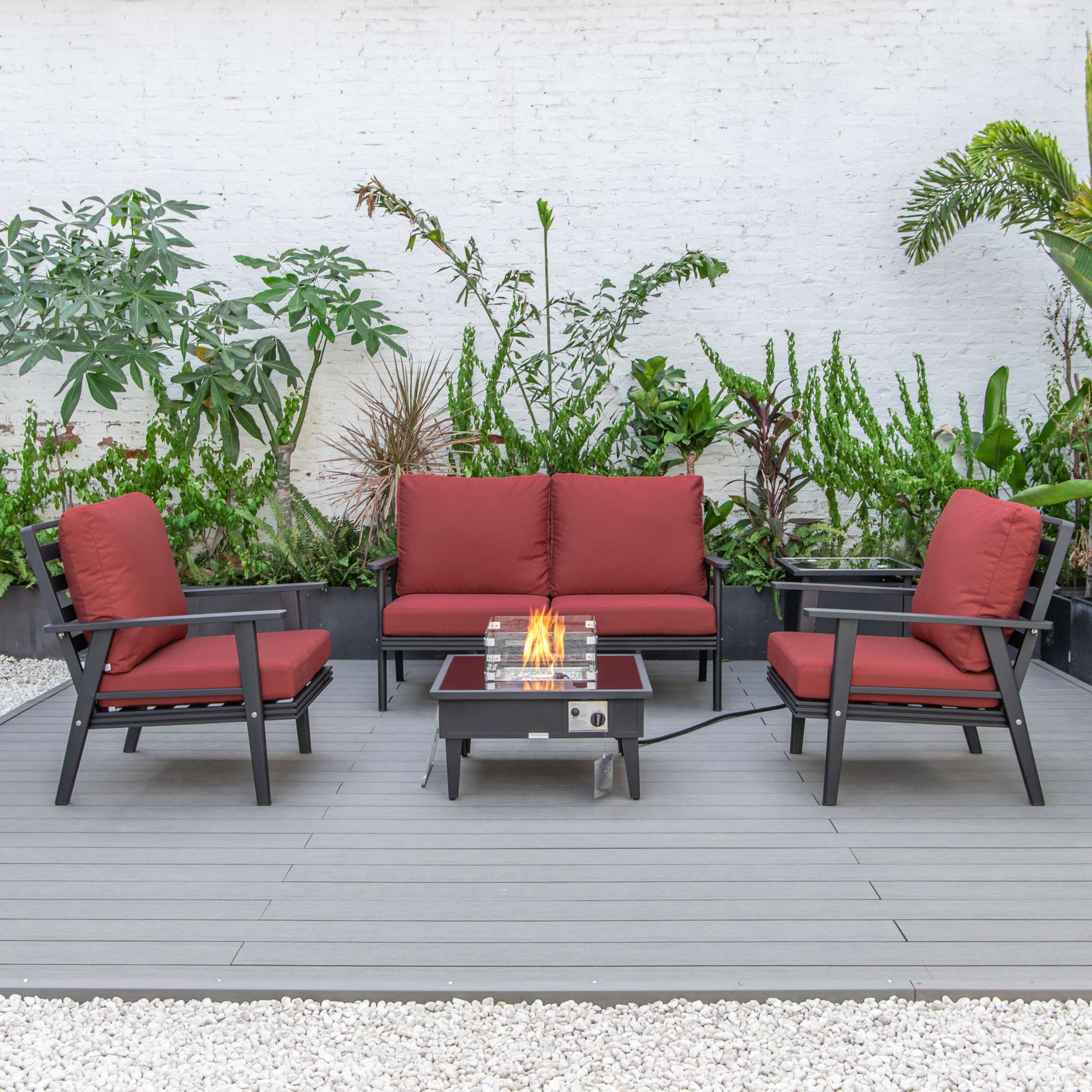 LeisureMod Walbrooke Modern Black Patio Conversation With Square Fire Pit & Tank Holder - Image 62