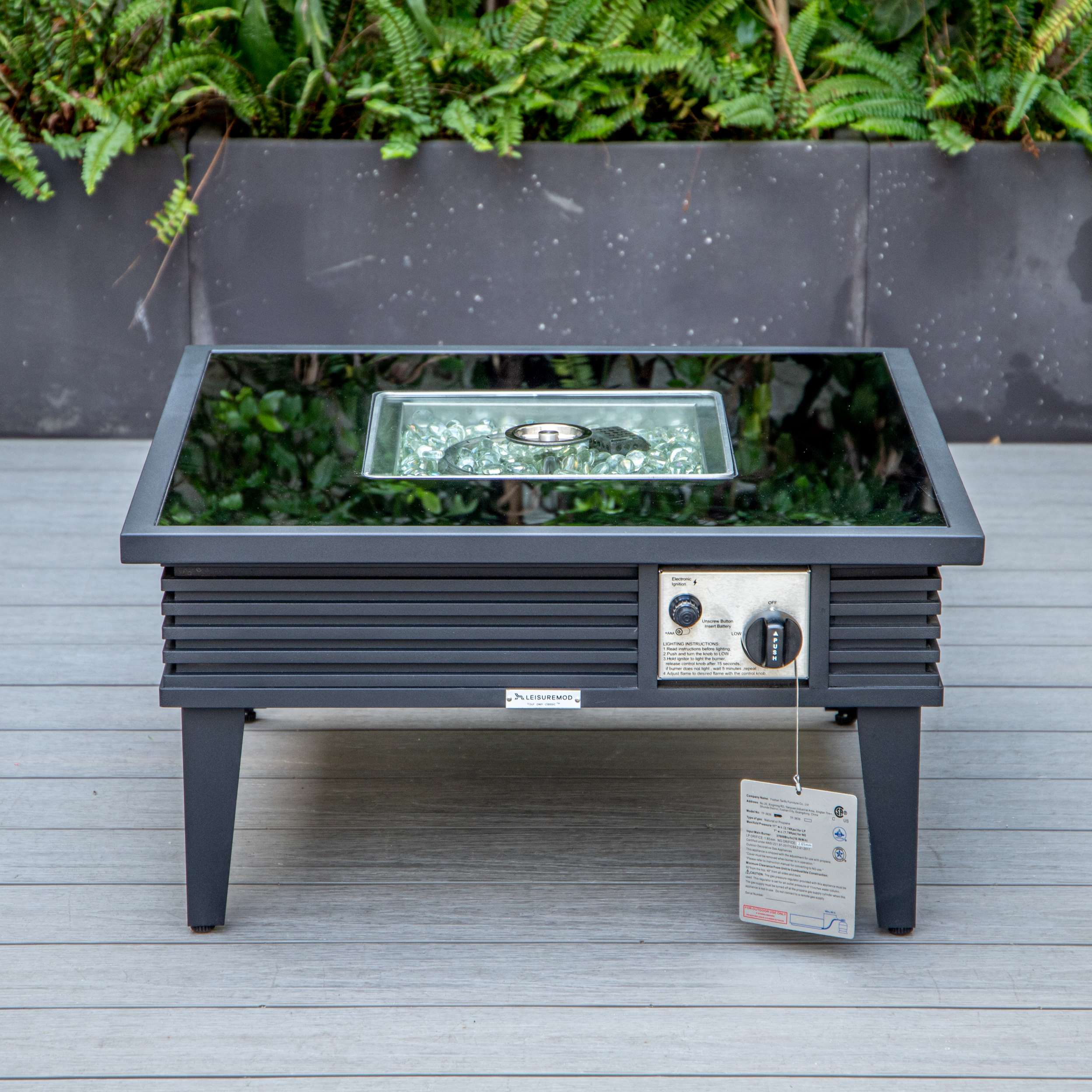LeisureMod Walbrooke Modern Black Patio Conversation With Square Fire Pit With Slats Design & Tank Holder - Image 104