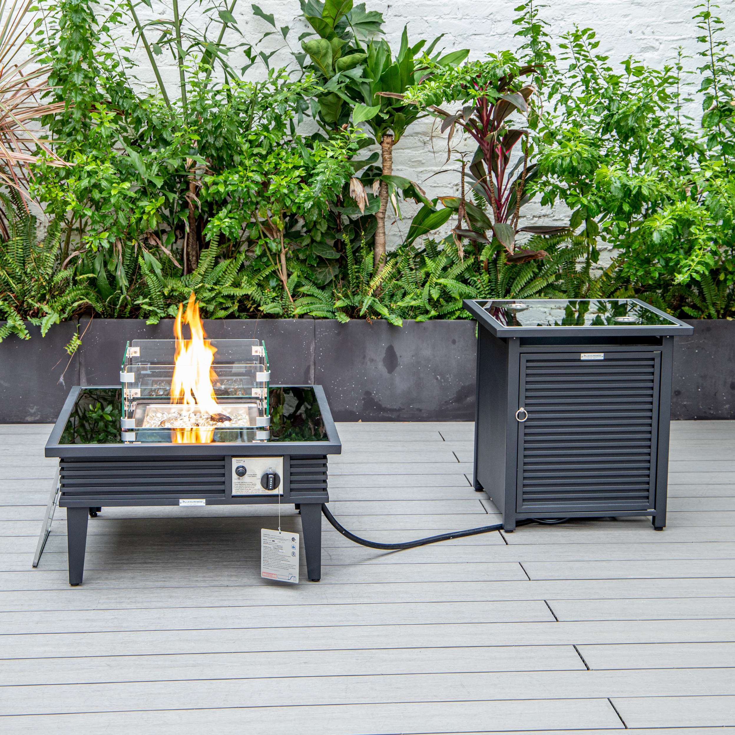 LeisureMod Walbrooke Modern Black Patio Conversation With Square Fire Pit With Slats Design & Tank Holder - Image 18