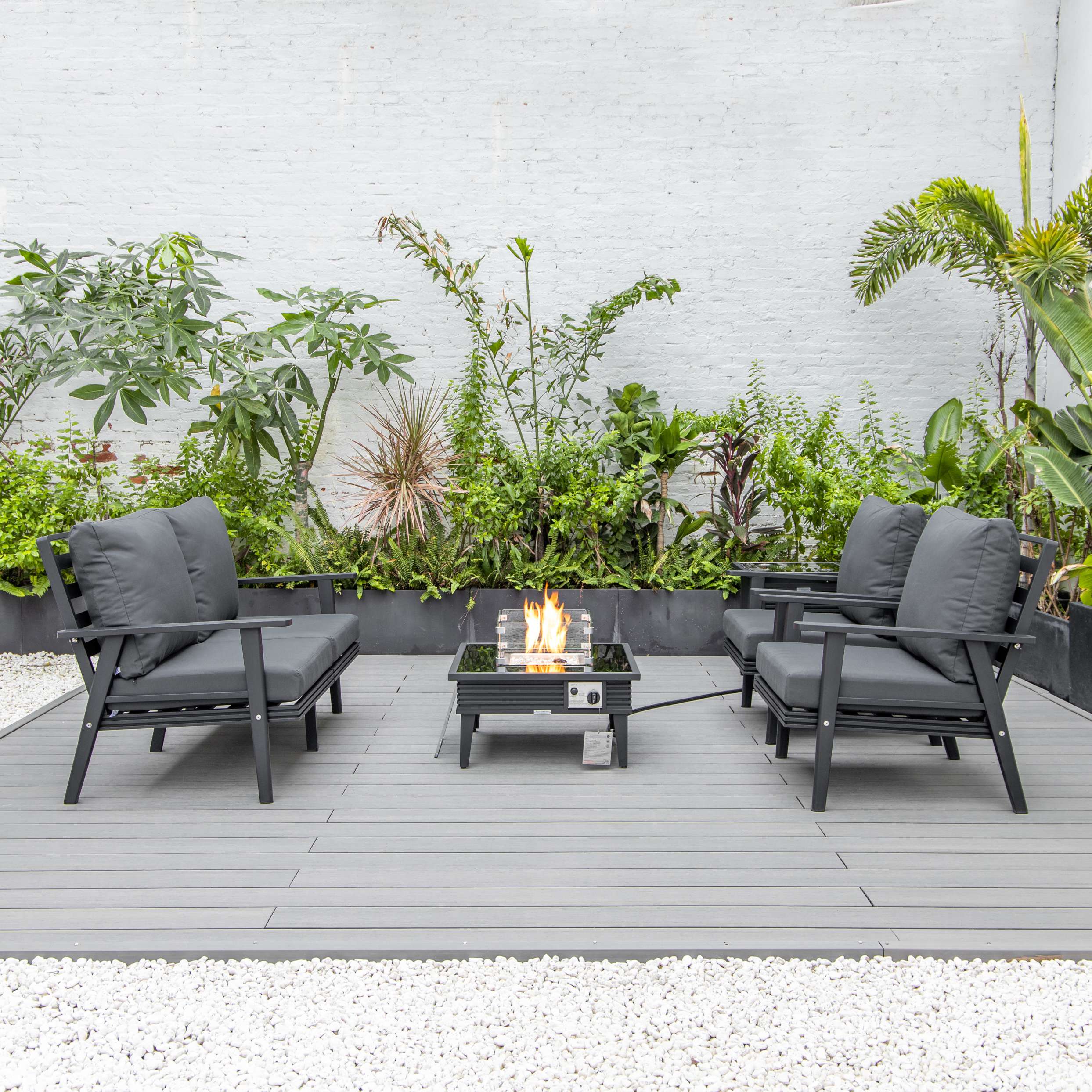 LeisureMod Walbrooke Modern Black Patio Conversation With Square Fire Pit With Slats Design & Tank Holder - Image 2
