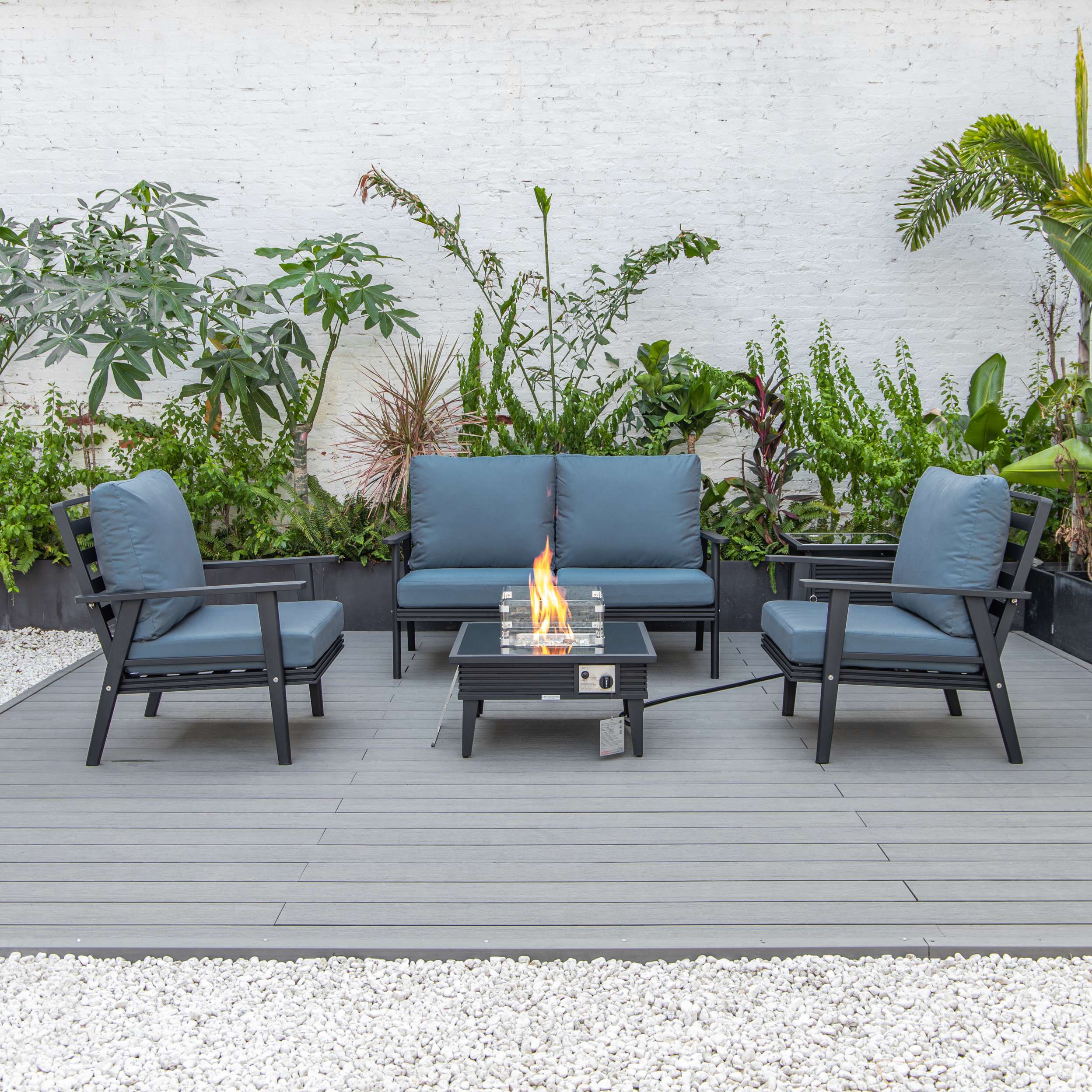 LeisureMod Walbrooke Modern Black Patio Conversation With Square Fire Pit With Slats Design & Tank Holder - Image 20