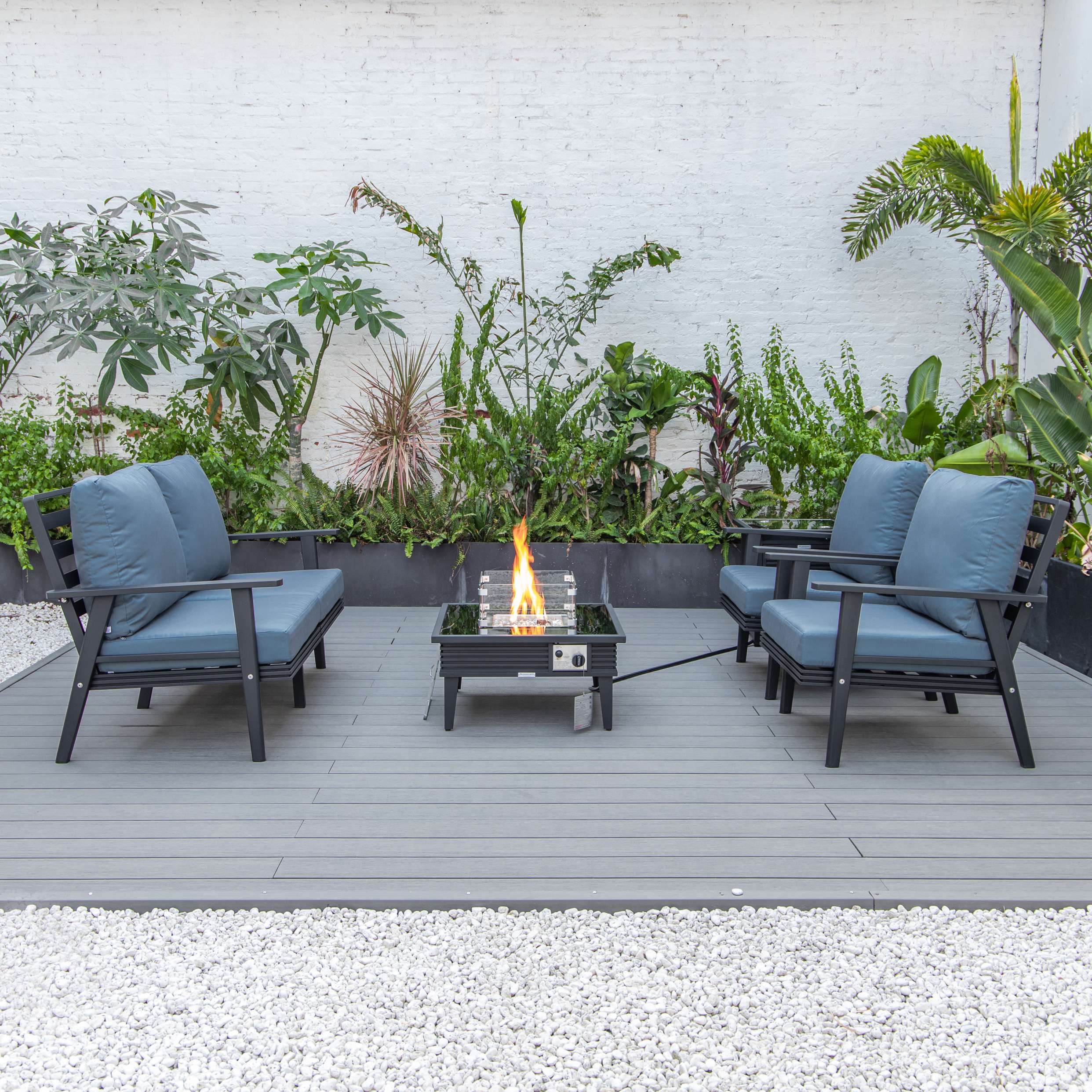 LeisureMod Walbrooke Modern Black Patio Conversation With Square Fire Pit With Slats Design & Tank Holder - Image 21