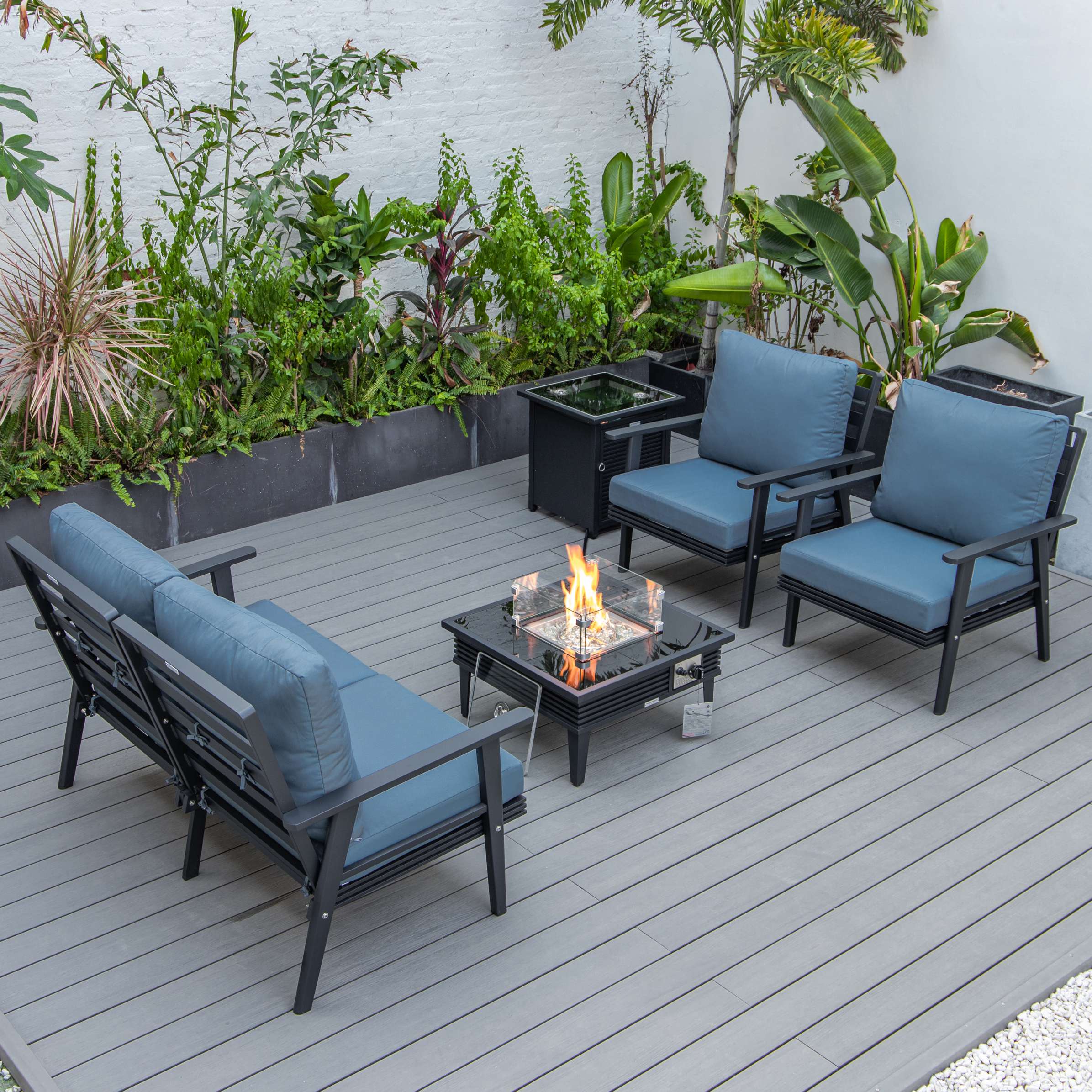 LeisureMod Walbrooke Modern Black Patio Conversation With Square Fire Pit With Slats Design & Tank Holder - Image 22