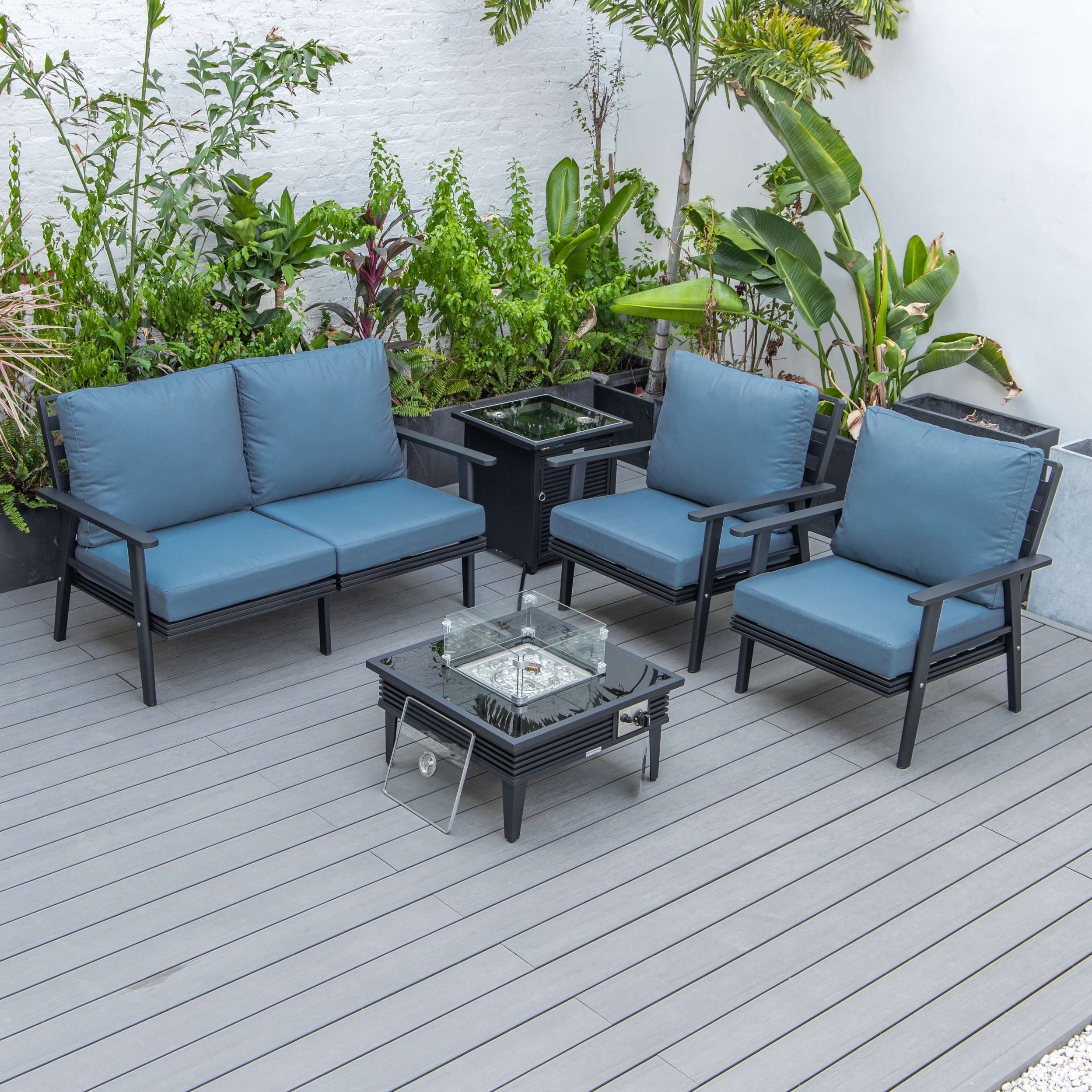 LeisureMod Walbrooke Modern Black Patio Conversation With Square Fire Pit With Slats Design & Tank Holder - Image 23