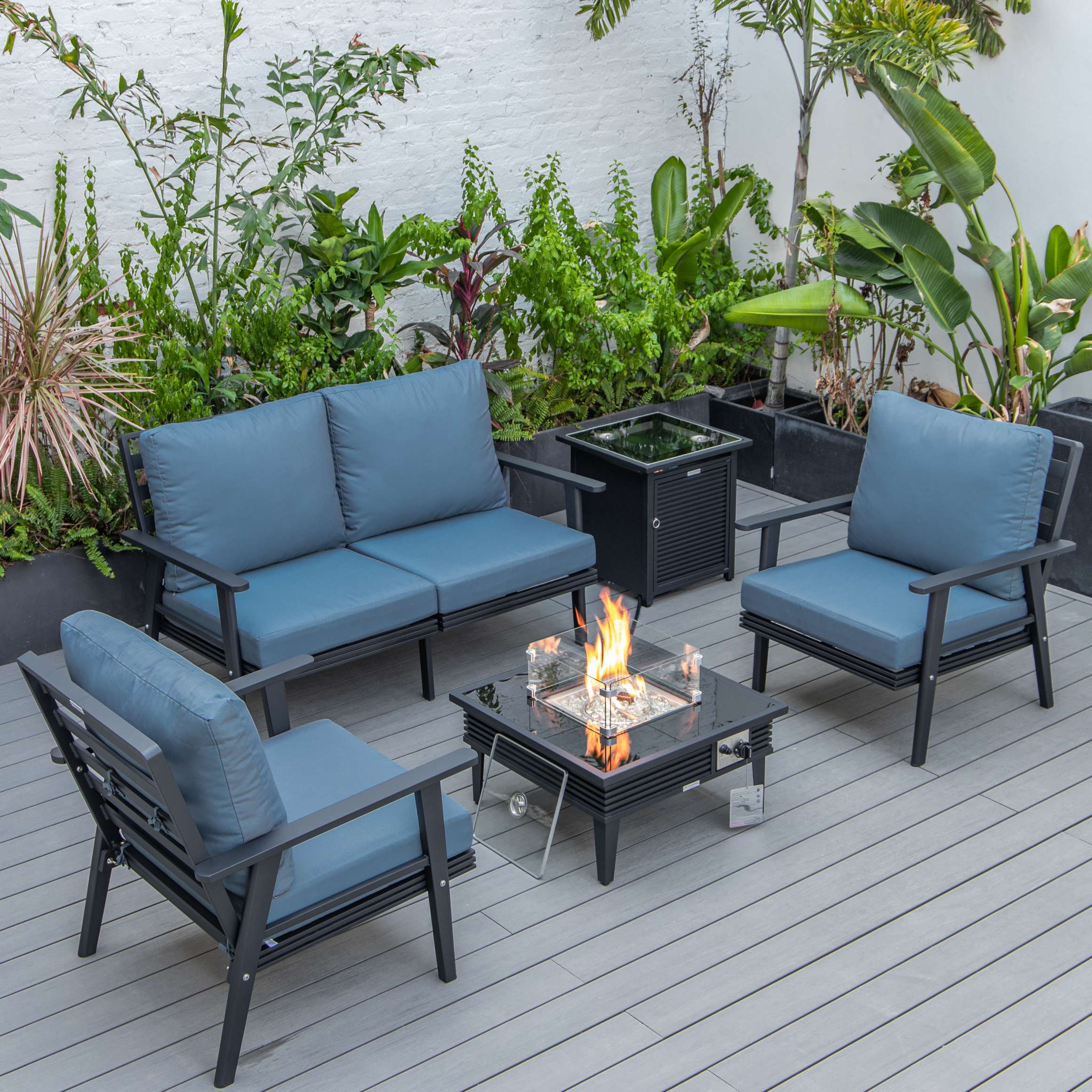 LeisureMod Walbrooke Modern Black Patio Conversation With Square Fire Pit With Slats Design & Tank Holder - Image 24