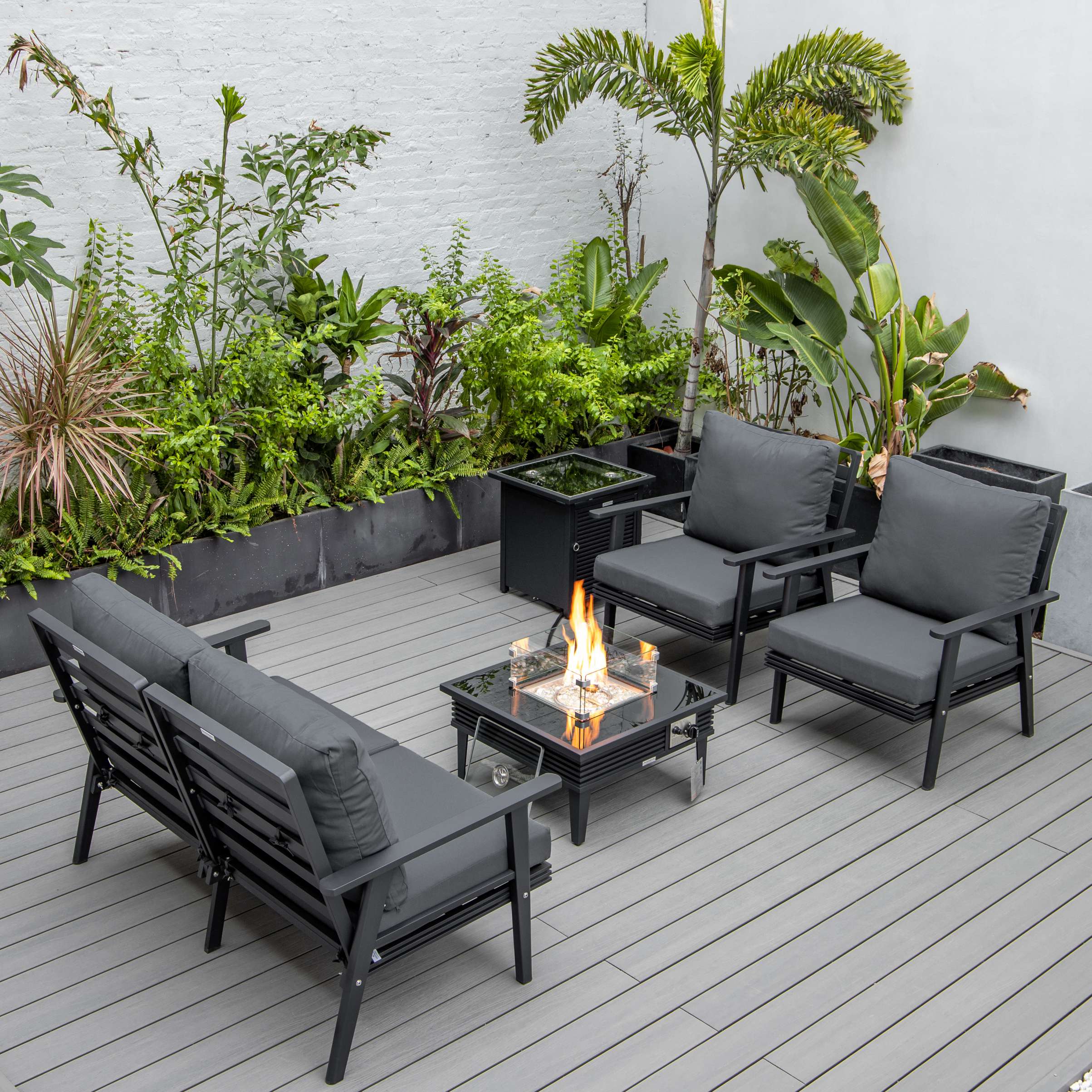 LeisureMod Walbrooke Modern Black Patio Conversation With Square Fire Pit With Slats Design & Tank Holder - Image 3