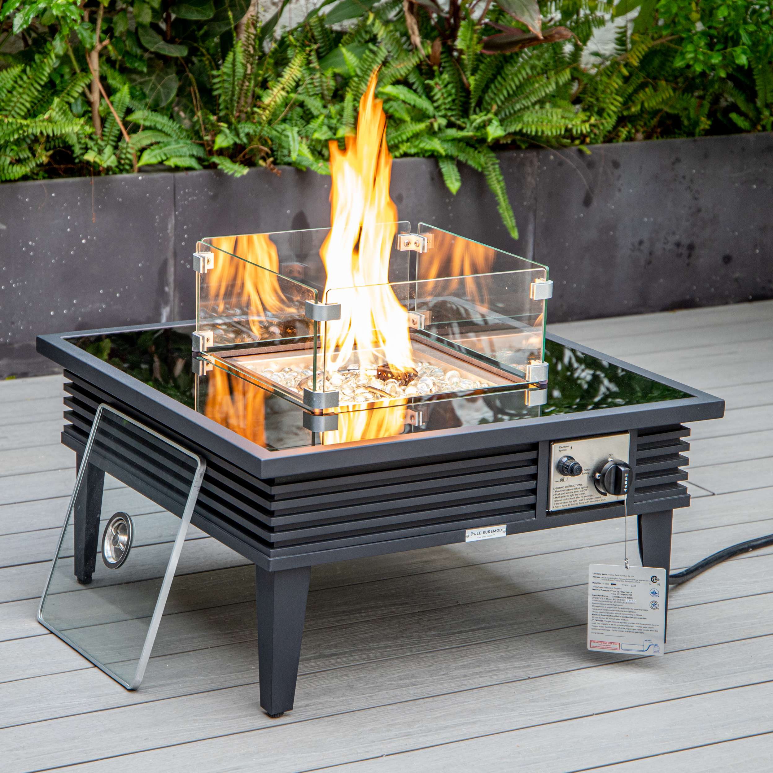 LeisureMod Walbrooke Modern Black Patio Conversation With Square Fire Pit With Slats Design & Tank Holder - Image 38