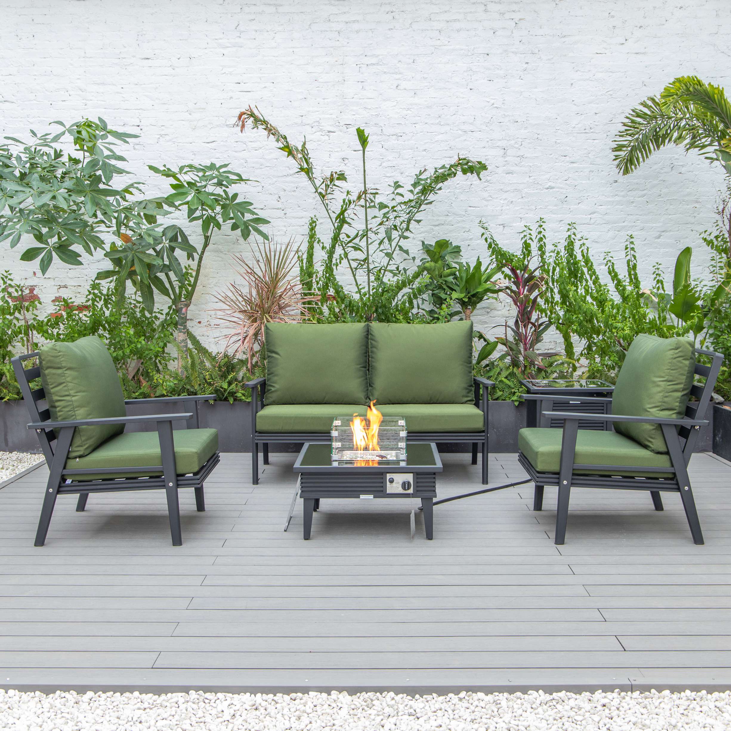 LeisureMod Walbrooke Modern Black Patio Conversation With Square Fire Pit With Slats Design & Tank Holder - Image 39