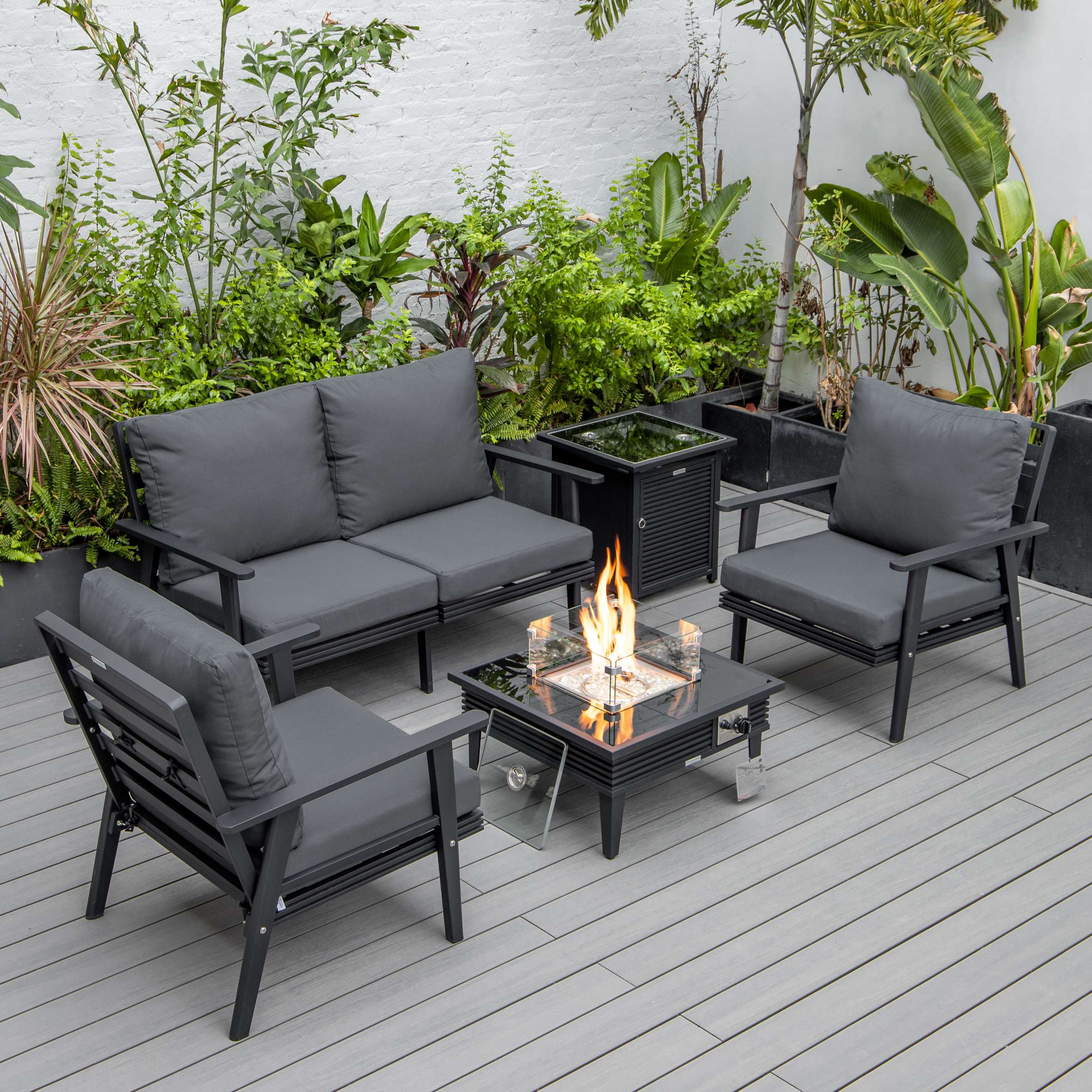 LeisureMod Walbrooke Modern Black Patio Conversation With Square Fire Pit With Slats Design & Tank Holder - Image 4