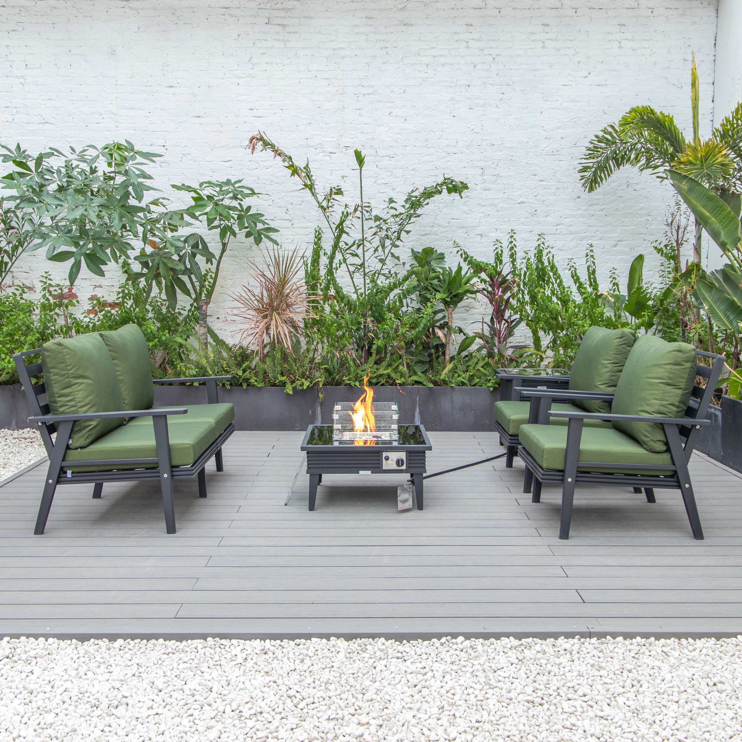 LeisureMod Walbrooke Modern Black Patio Conversation With Square Fire Pit With Slats Design & Tank Holder - Image 40