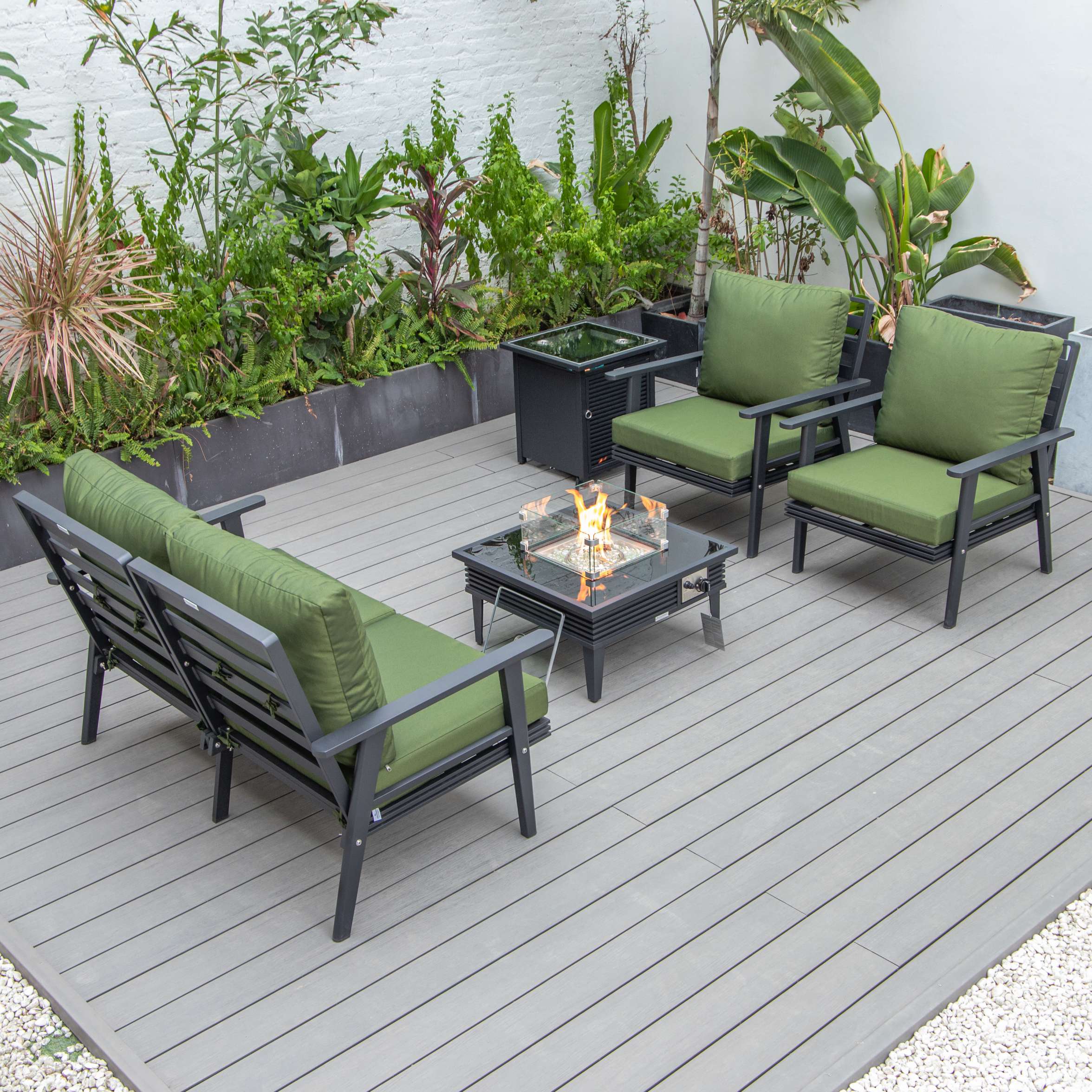 LeisureMod Walbrooke Modern Black Patio Conversation With Square Fire Pit With Slats Design & Tank Holder - Image 41