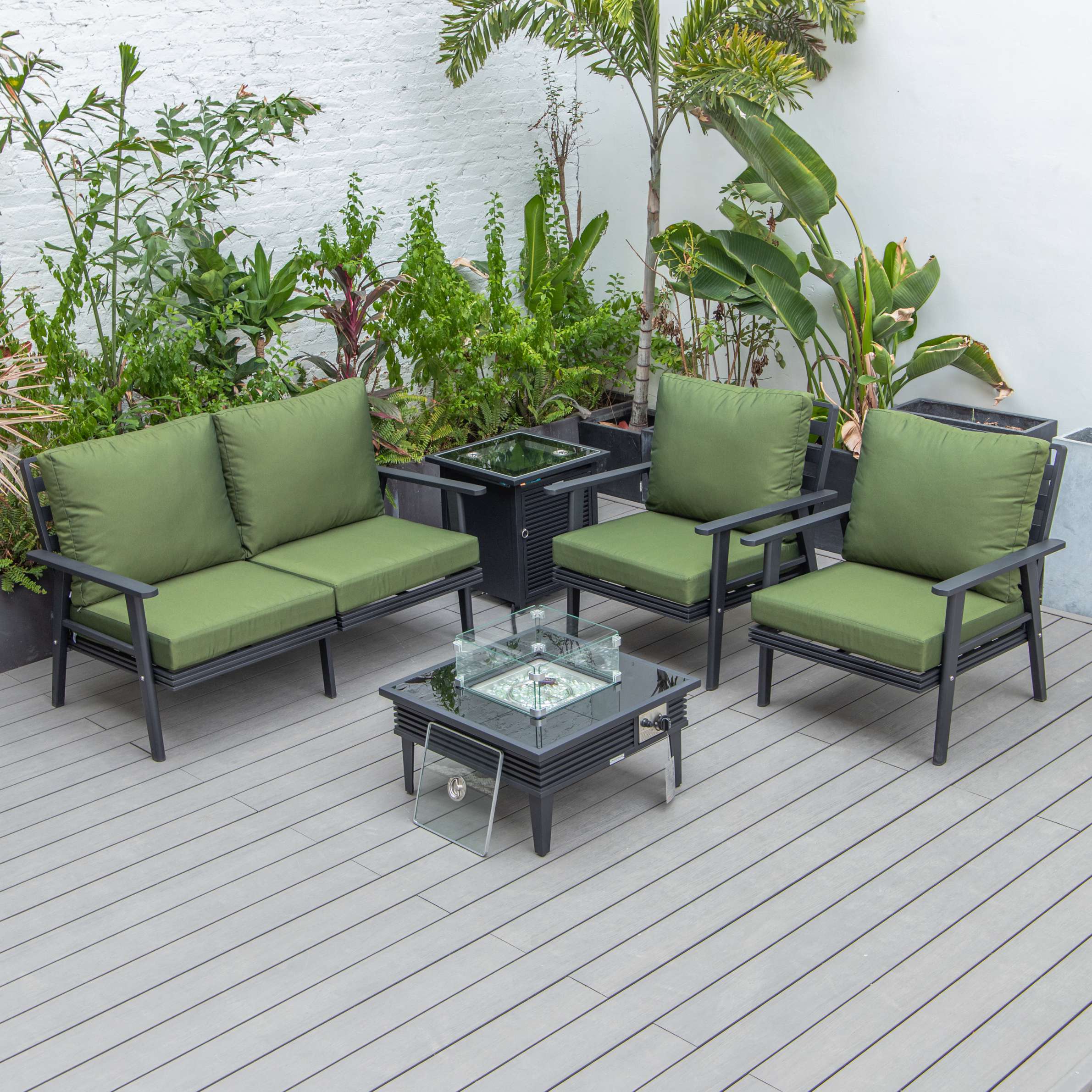 LeisureMod Walbrooke Modern Black Patio Conversation With Square Fire Pit With Slats Design & Tank Holder - Image 42
