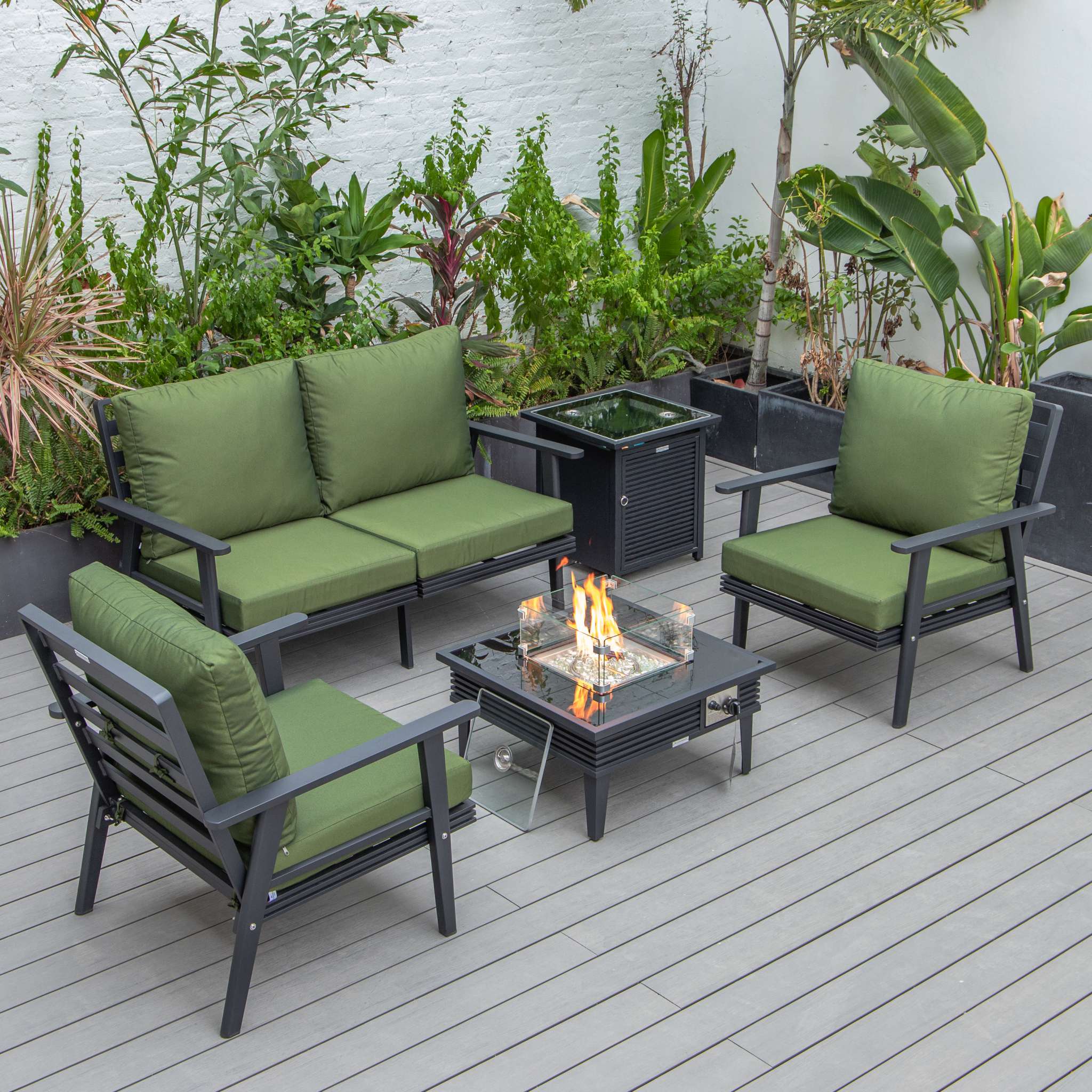 LeisureMod Walbrooke Modern Black Patio Conversation With Square Fire Pit With Slats Design & Tank Holder - Image 43