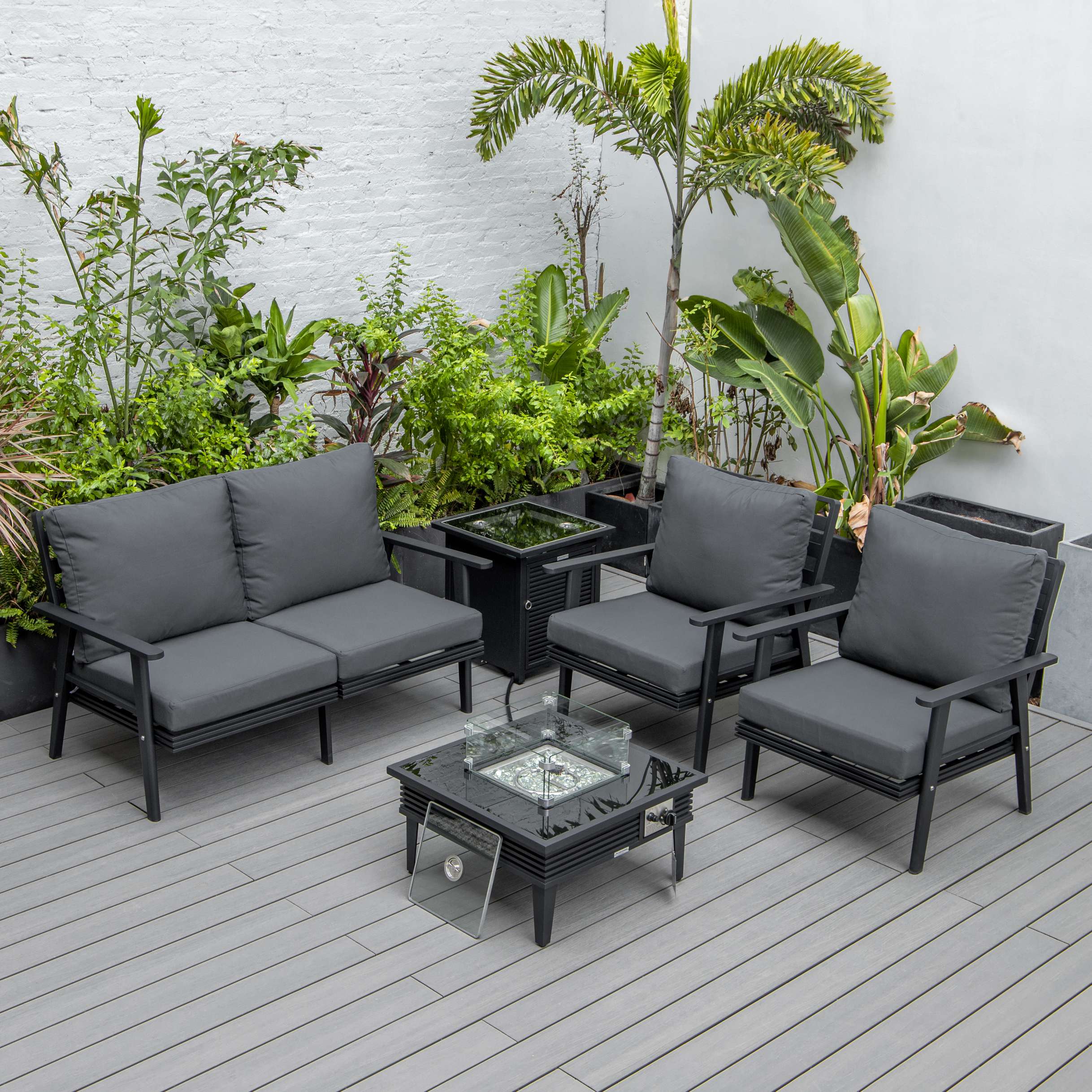 LeisureMod Walbrooke Modern Black Patio Conversation With Square Fire Pit With Slats Design & Tank Holder - Image 5