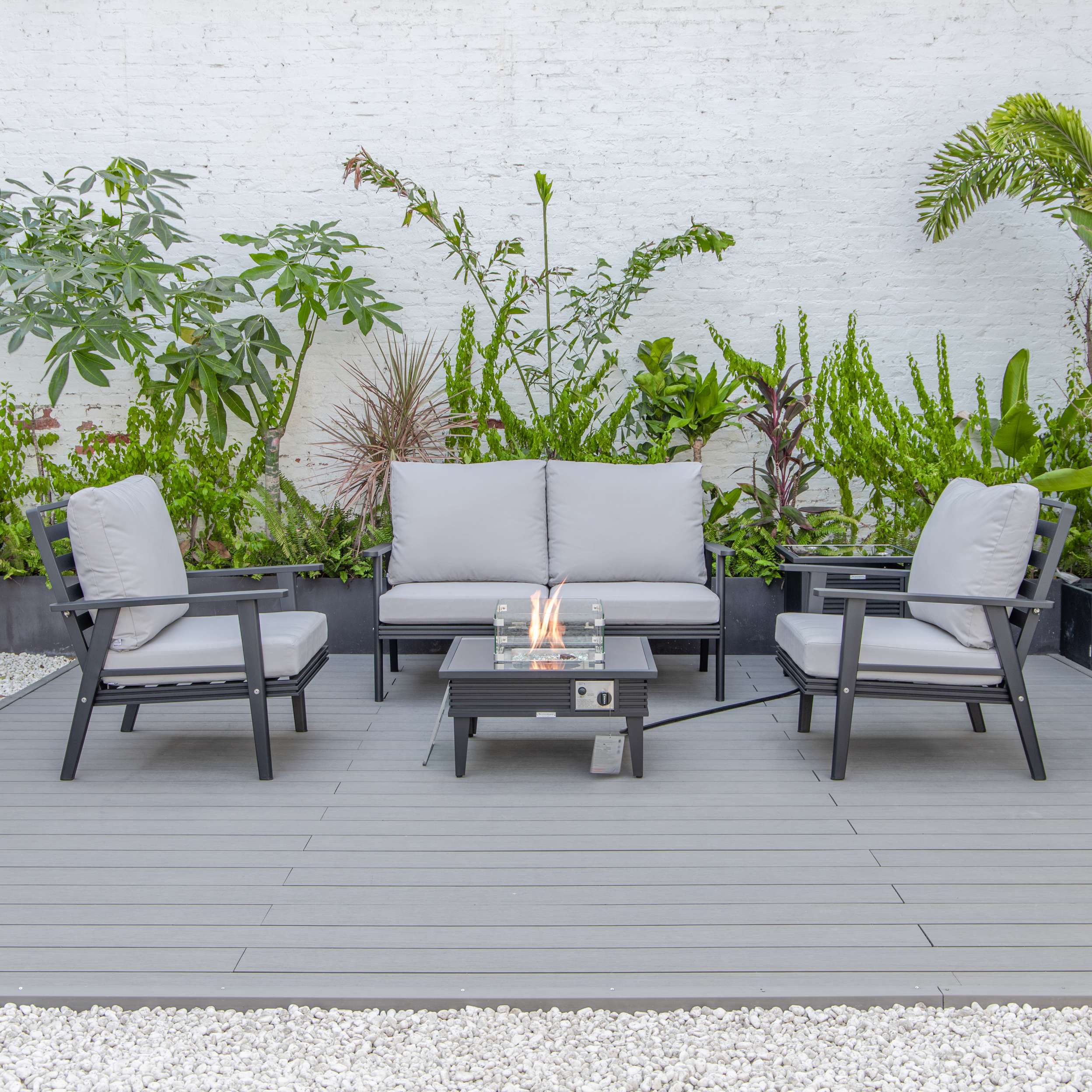 LeisureMod Walbrooke Modern Black Patio Conversation With Square Fire Pit With Slats Design & Tank Holder - Image 50
