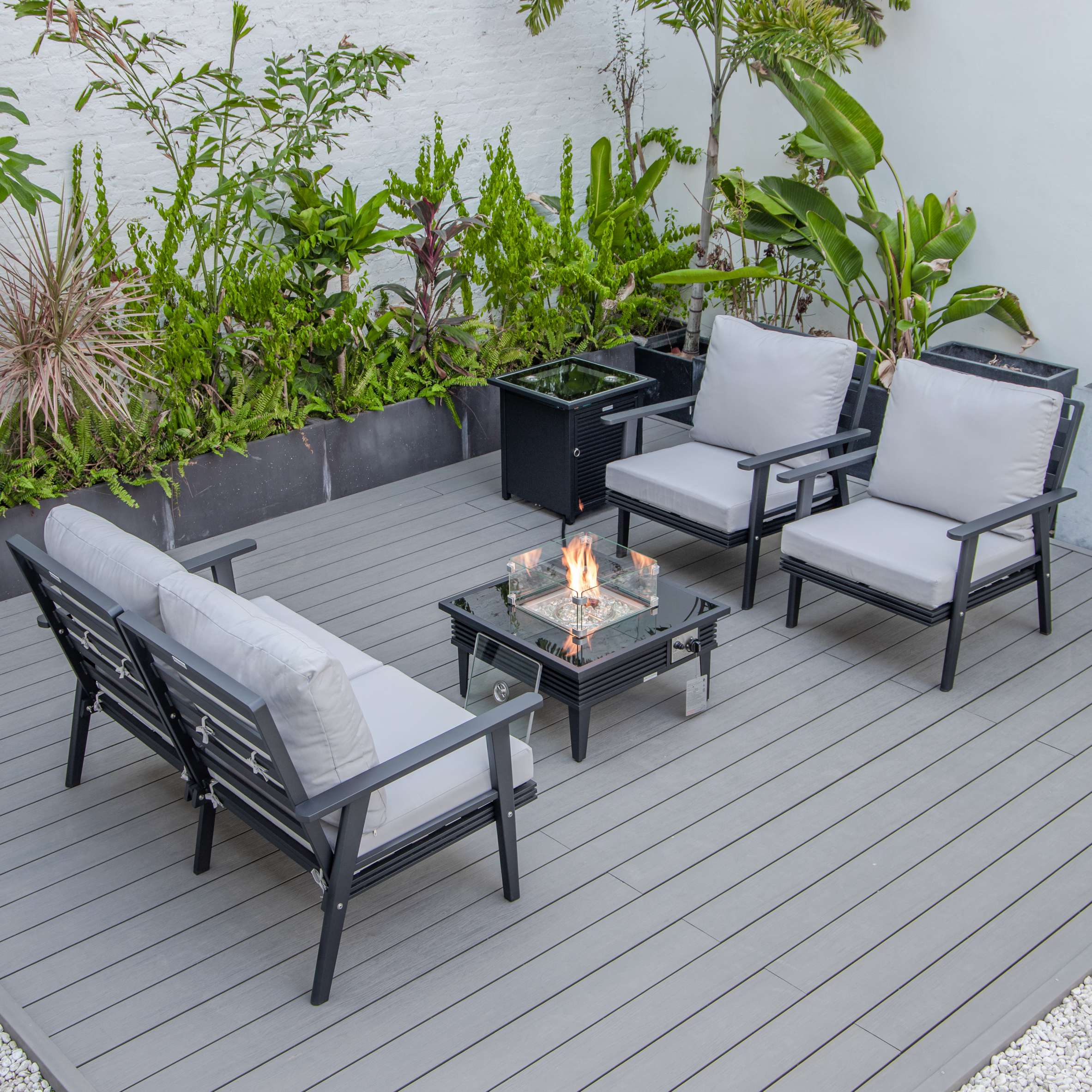 LeisureMod Walbrooke Modern Black Patio Conversation With Square Fire Pit With Slats Design & Tank Holder - Image 51