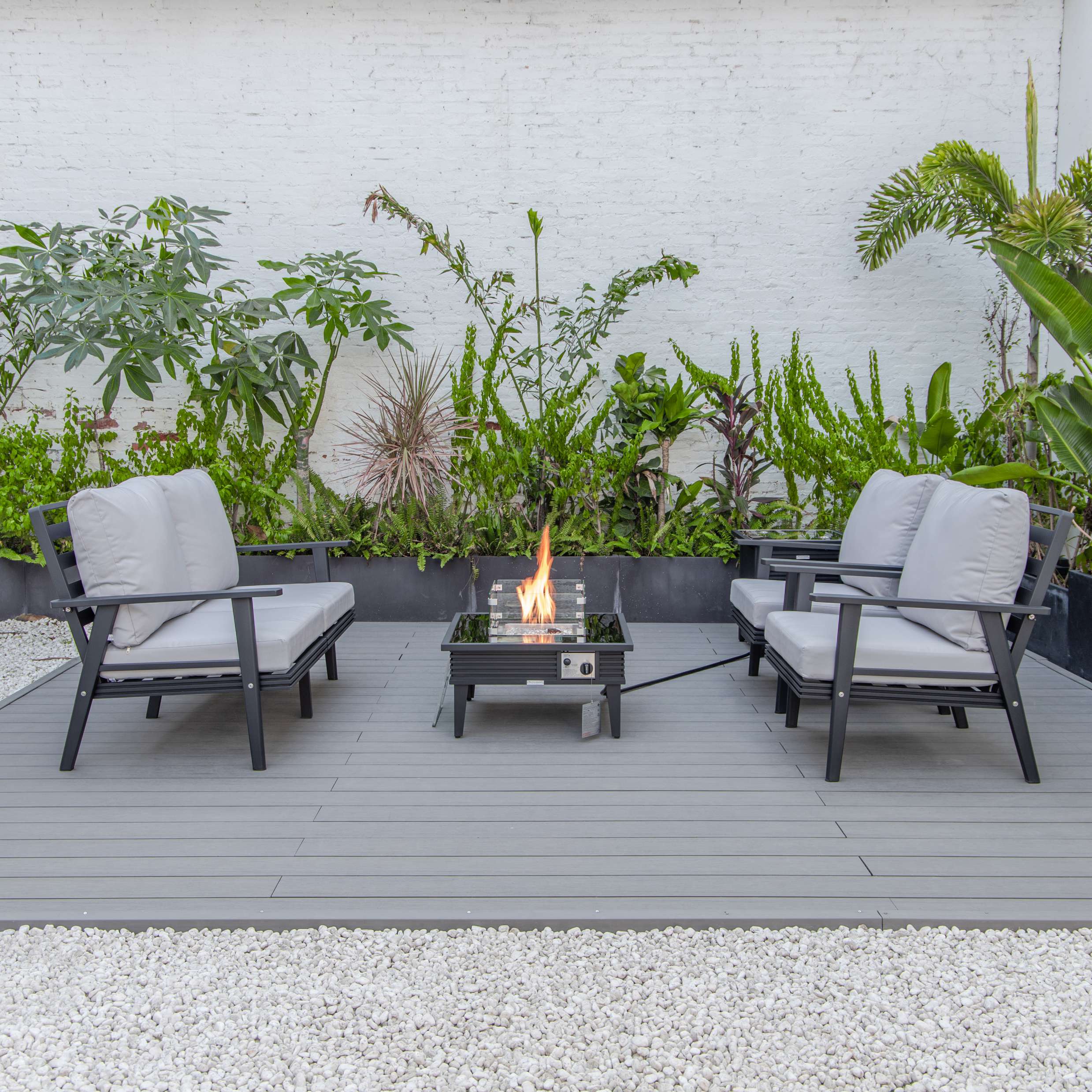 LeisureMod Walbrooke Modern Black Patio Conversation With Square Fire Pit With Slats Design & Tank Holder - Image 52