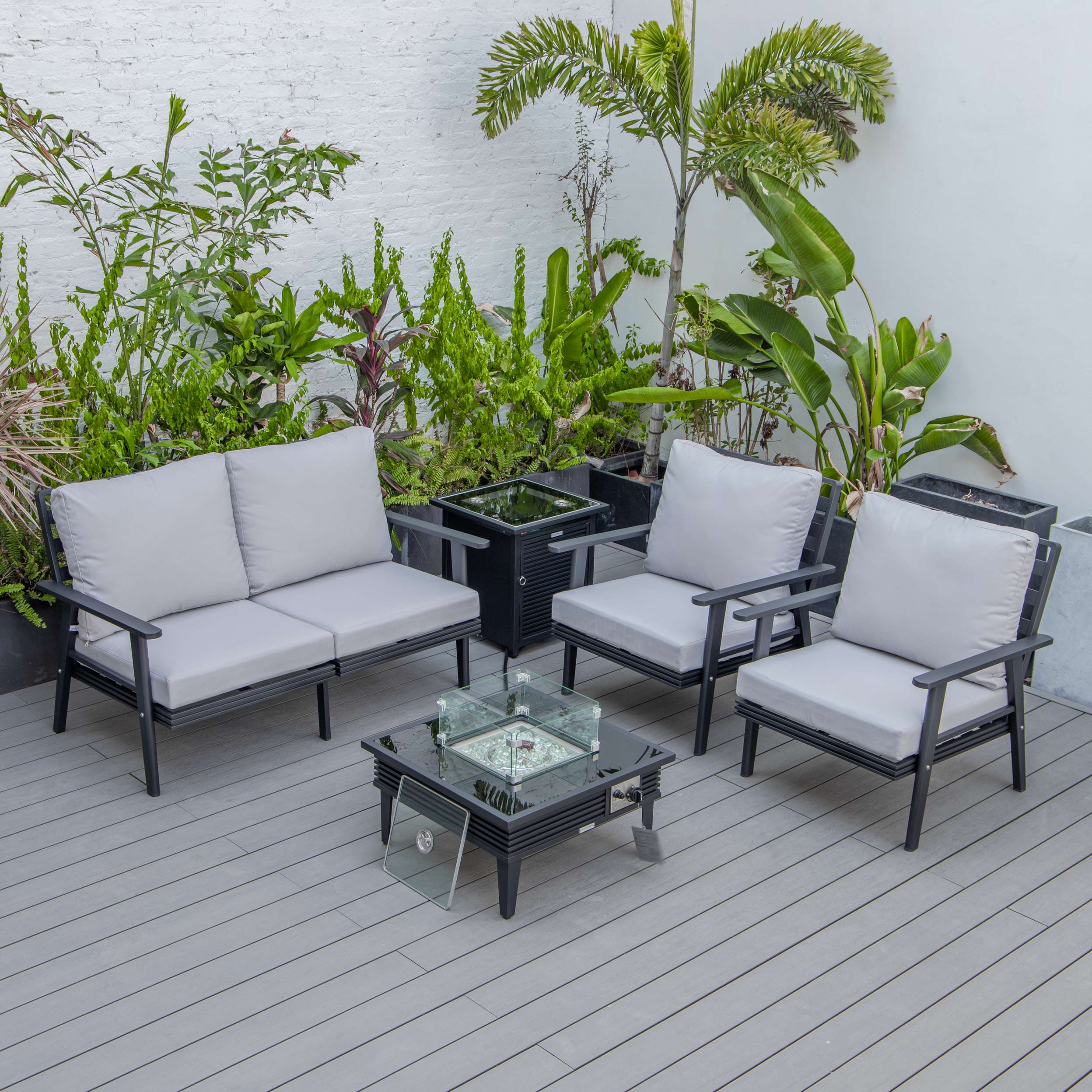 LeisureMod Walbrooke Modern Black Patio Conversation With Square Fire Pit With Slats Design & Tank Holder - Image 53