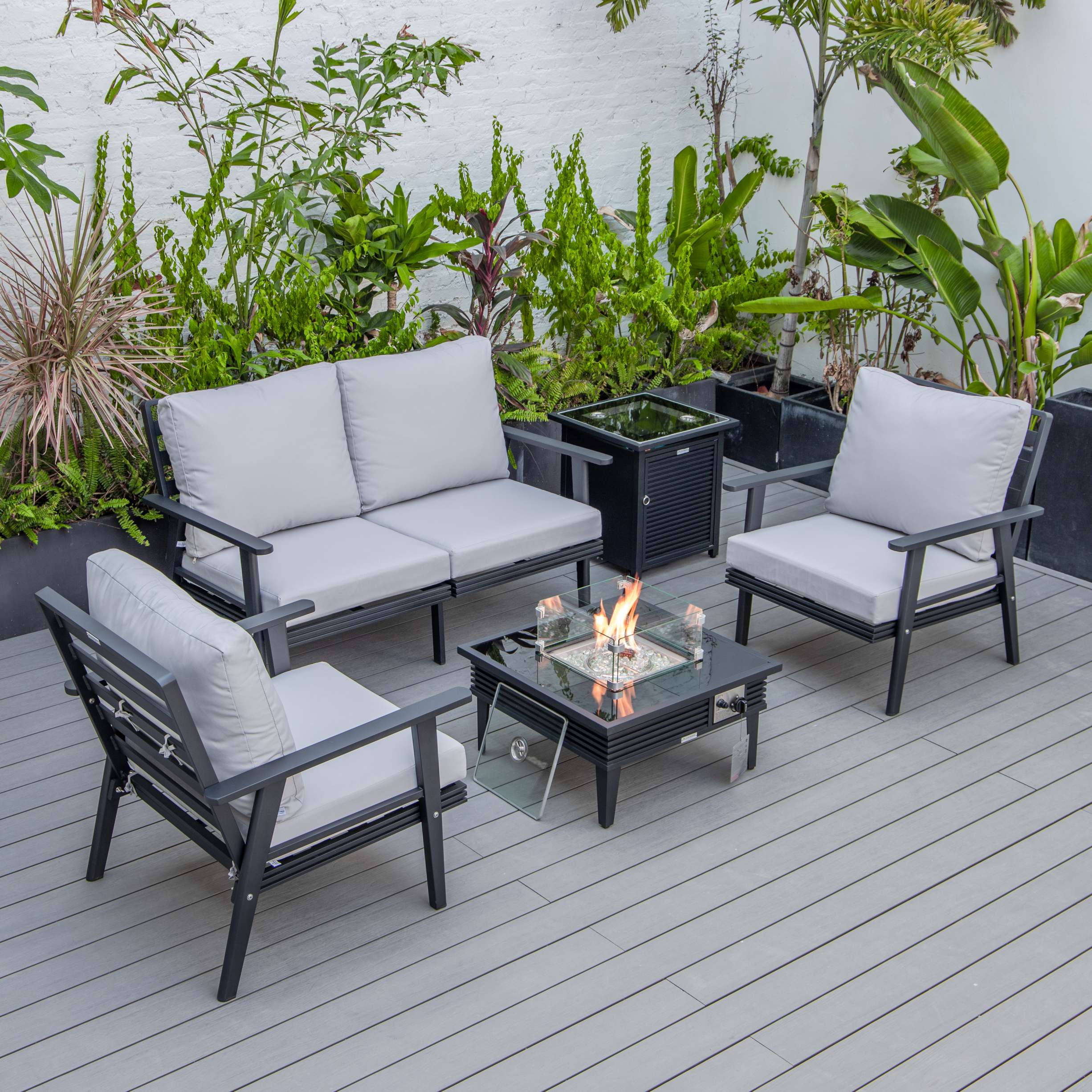 LeisureMod Walbrooke Modern Black Patio Conversation With Square Fire Pit With Slats Design & Tank Holder - Image 54