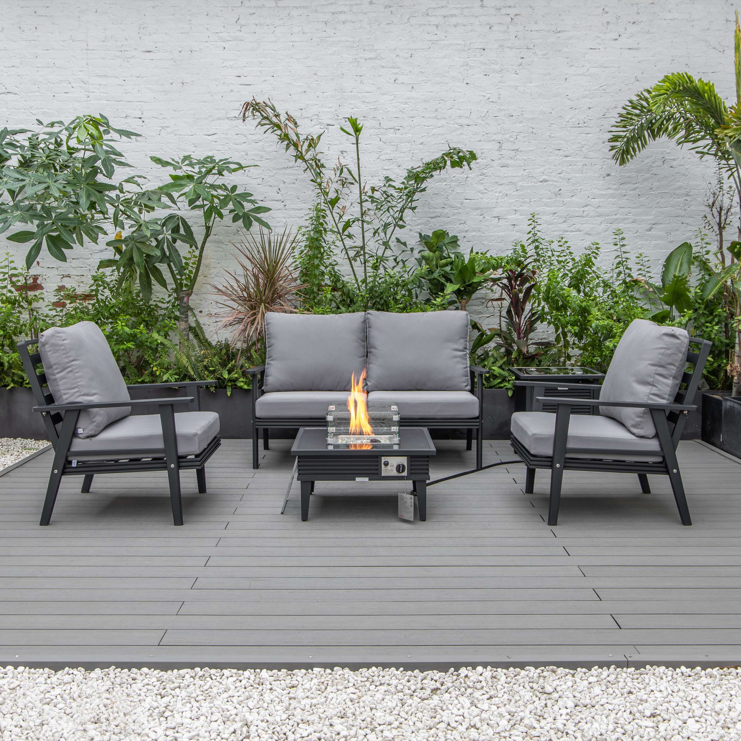 LeisureMod Walbrooke Modern Black Patio Conversation With Square Fire Pit With Slats Design & Tank Holder - Image 69