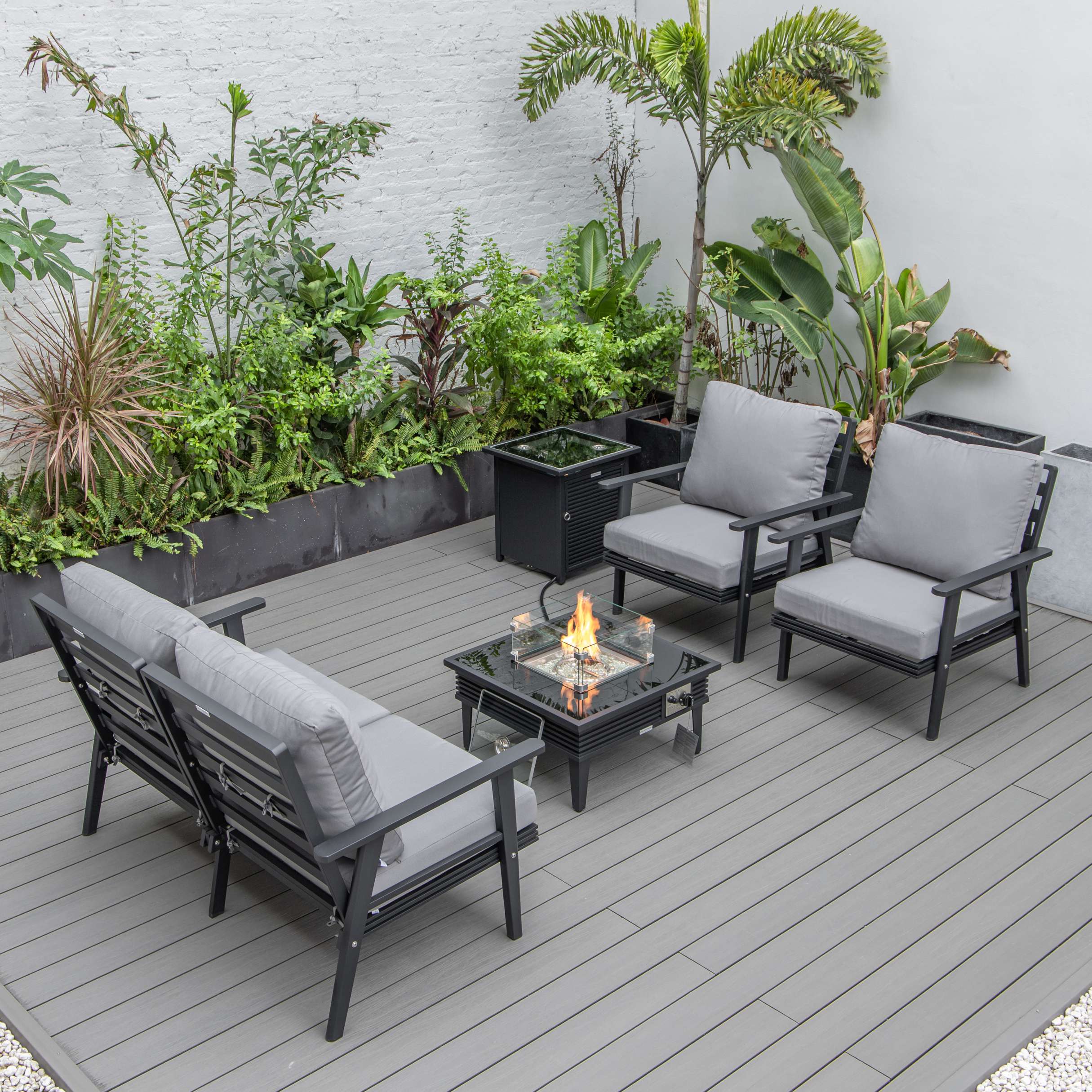LeisureMod Walbrooke Modern Black Patio Conversation With Square Fire Pit With Slats Design & Tank Holder - Image 70