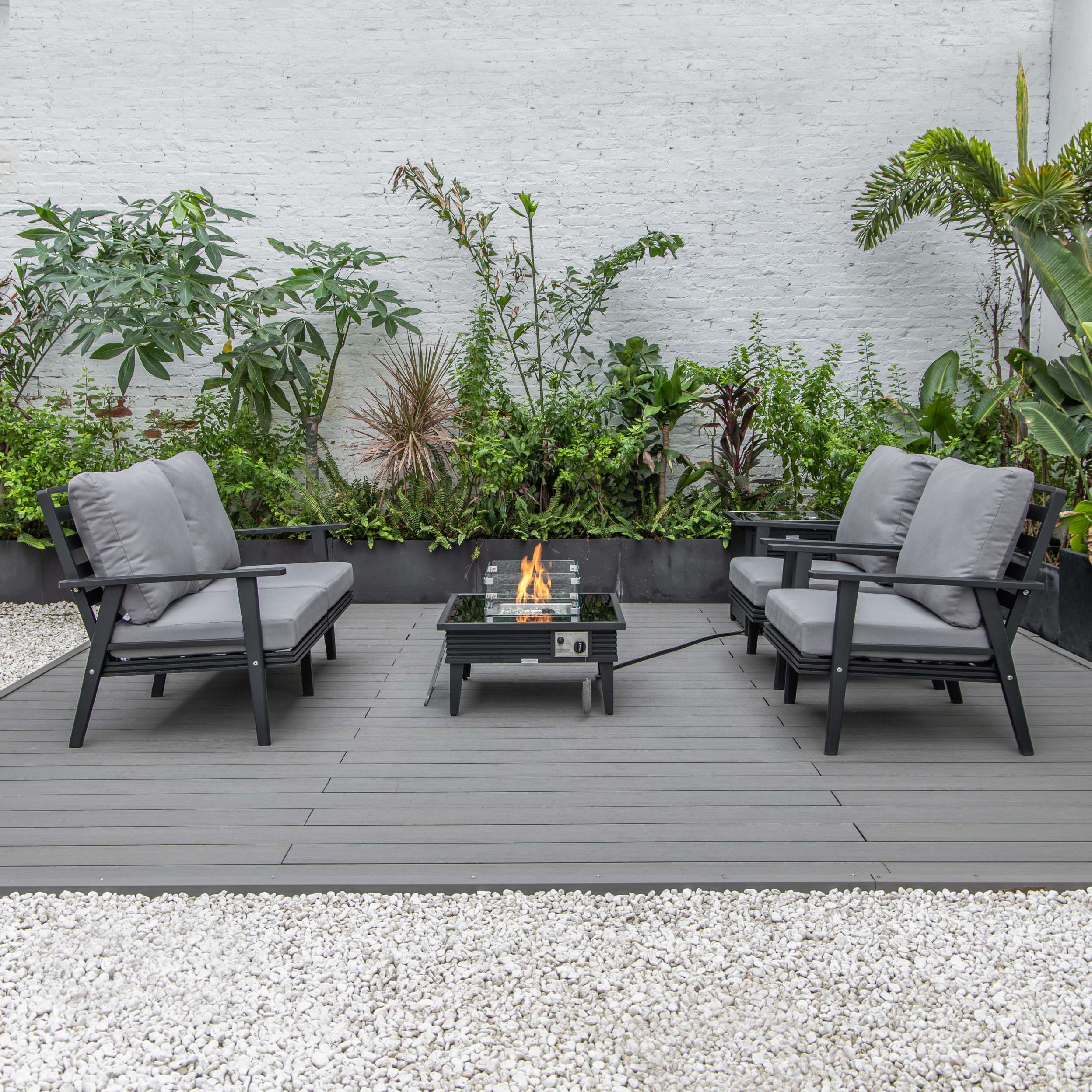 LeisureMod Walbrooke Modern Black Patio Conversation With Square Fire Pit With Slats Design & Tank Holder - Image 71