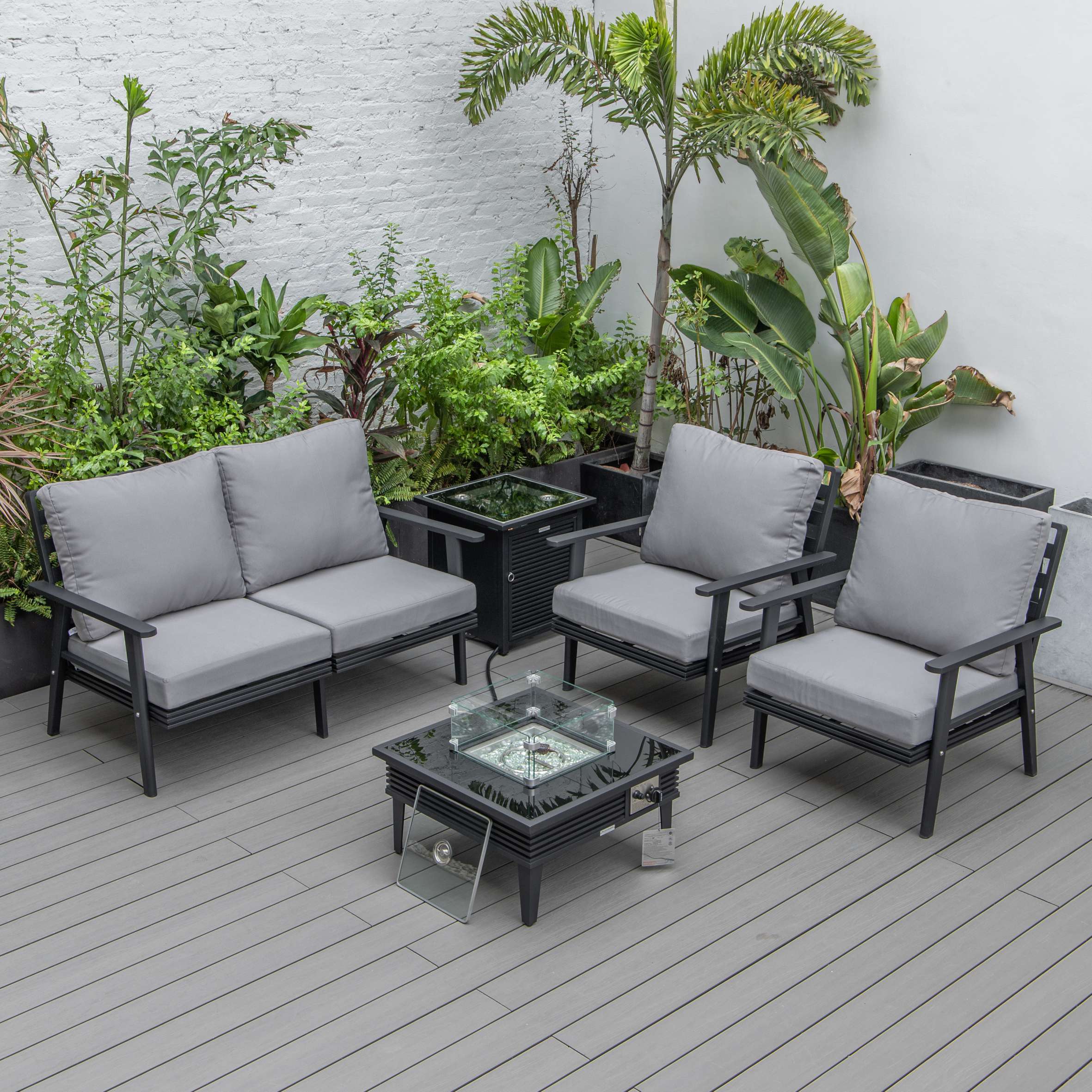 LeisureMod Walbrooke Modern Black Patio Conversation With Square Fire Pit With Slats Design & Tank Holder - Image 72