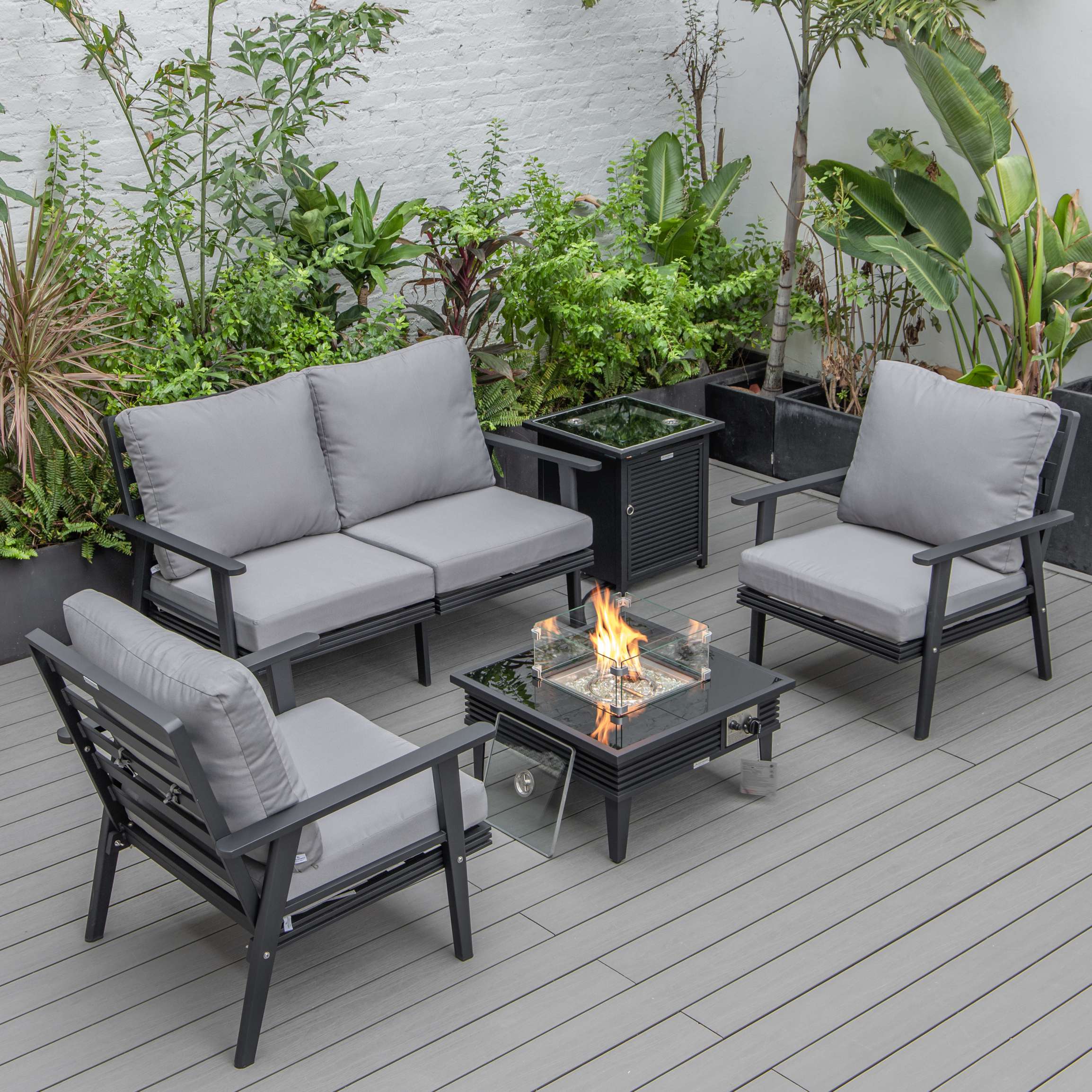 LeisureMod Walbrooke Modern Black Patio Conversation With Square Fire Pit With Slats Design & Tank Holder - Image 73