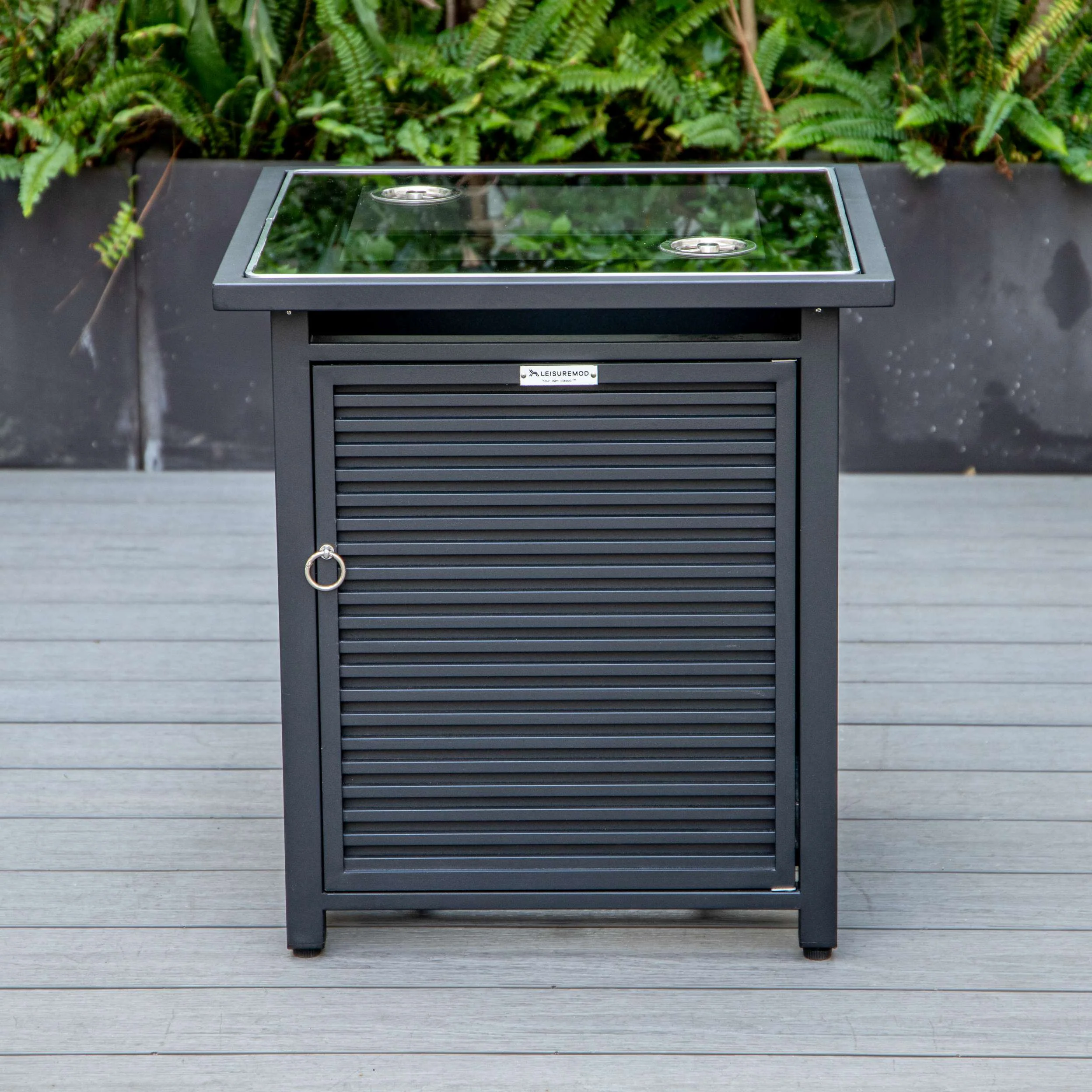 LeisureMod Walbrooke Modern Black Patio Conversation With Square Fire Pit With Slats Design & Tank Holder - Image 84