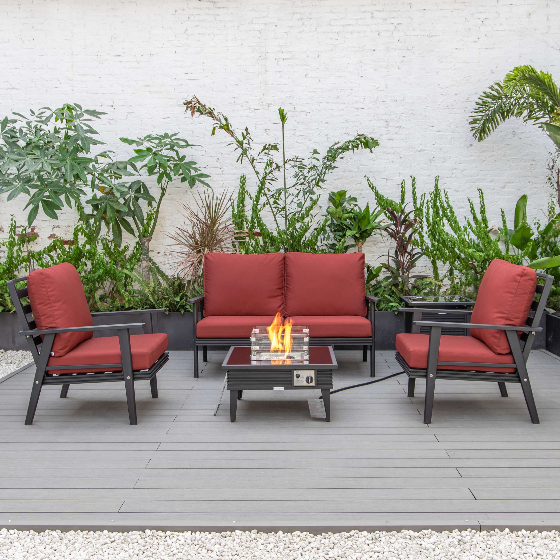 LeisureMod Walbrooke Modern Black Patio Conversation With Square Fire Pit With Slats Design & Tank Holder - Image 88