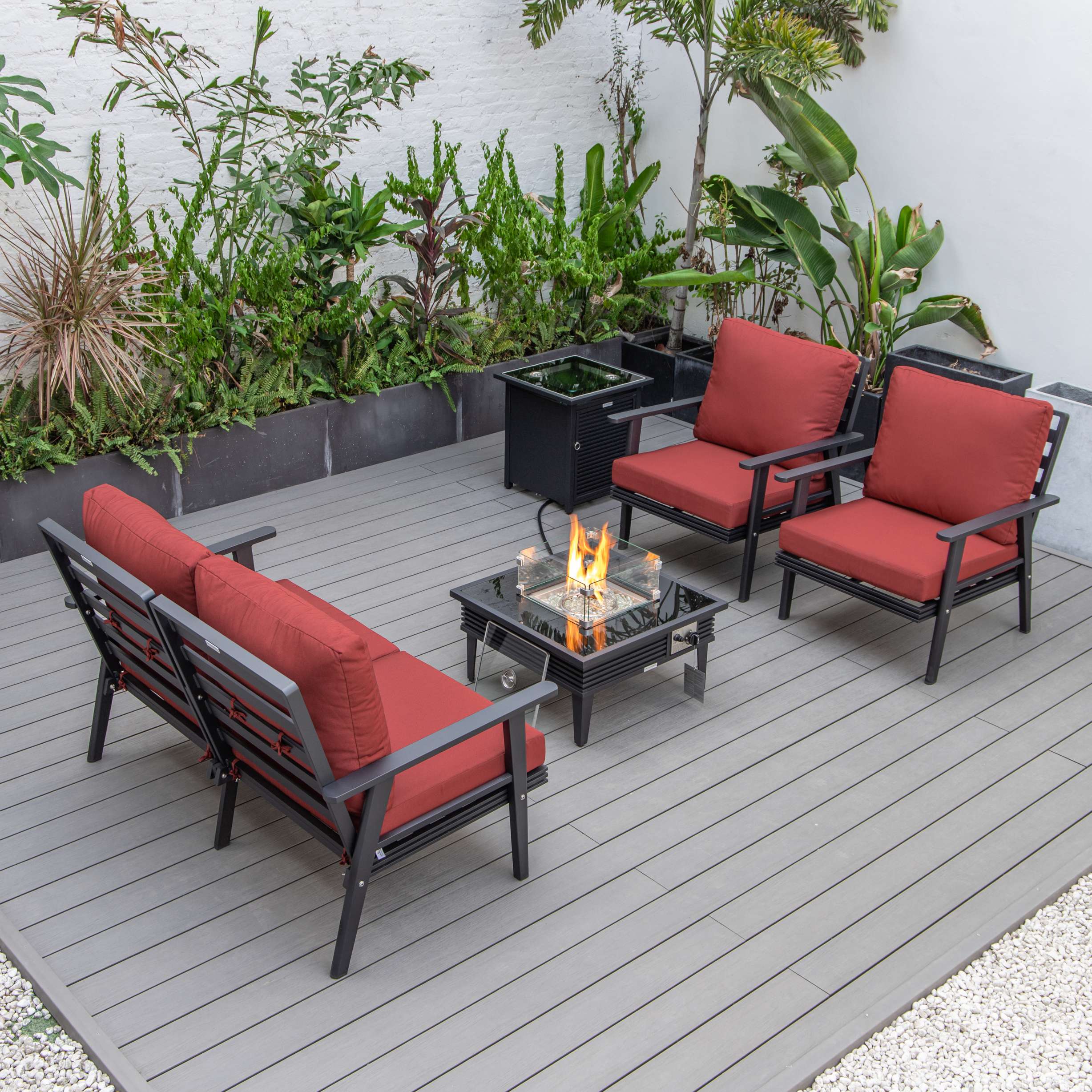 LeisureMod Walbrooke Modern Black Patio Conversation With Square Fire Pit With Slats Design & Tank Holder - Image 90