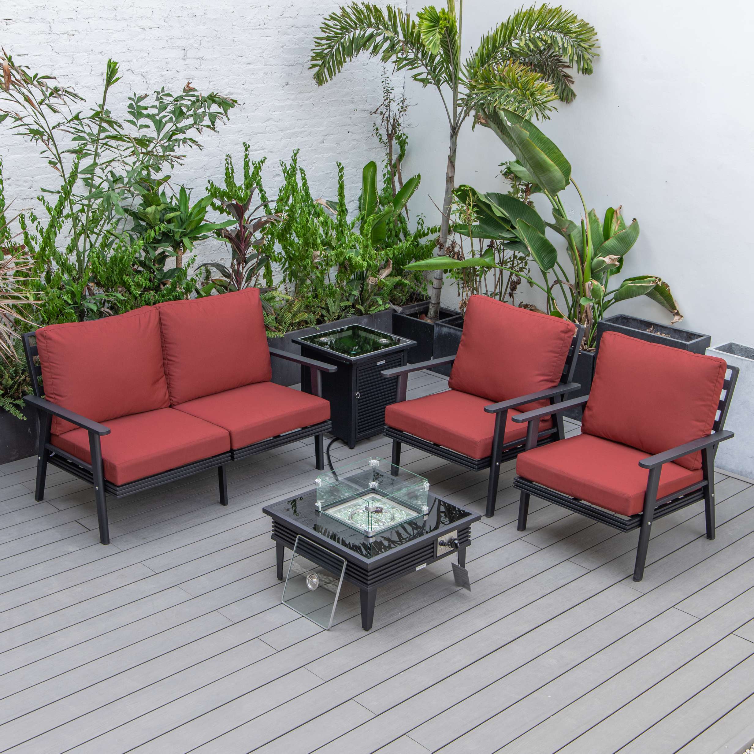 LeisureMod Walbrooke Modern Black Patio Conversation With Square Fire Pit With Slats Design & Tank Holder - Image 91