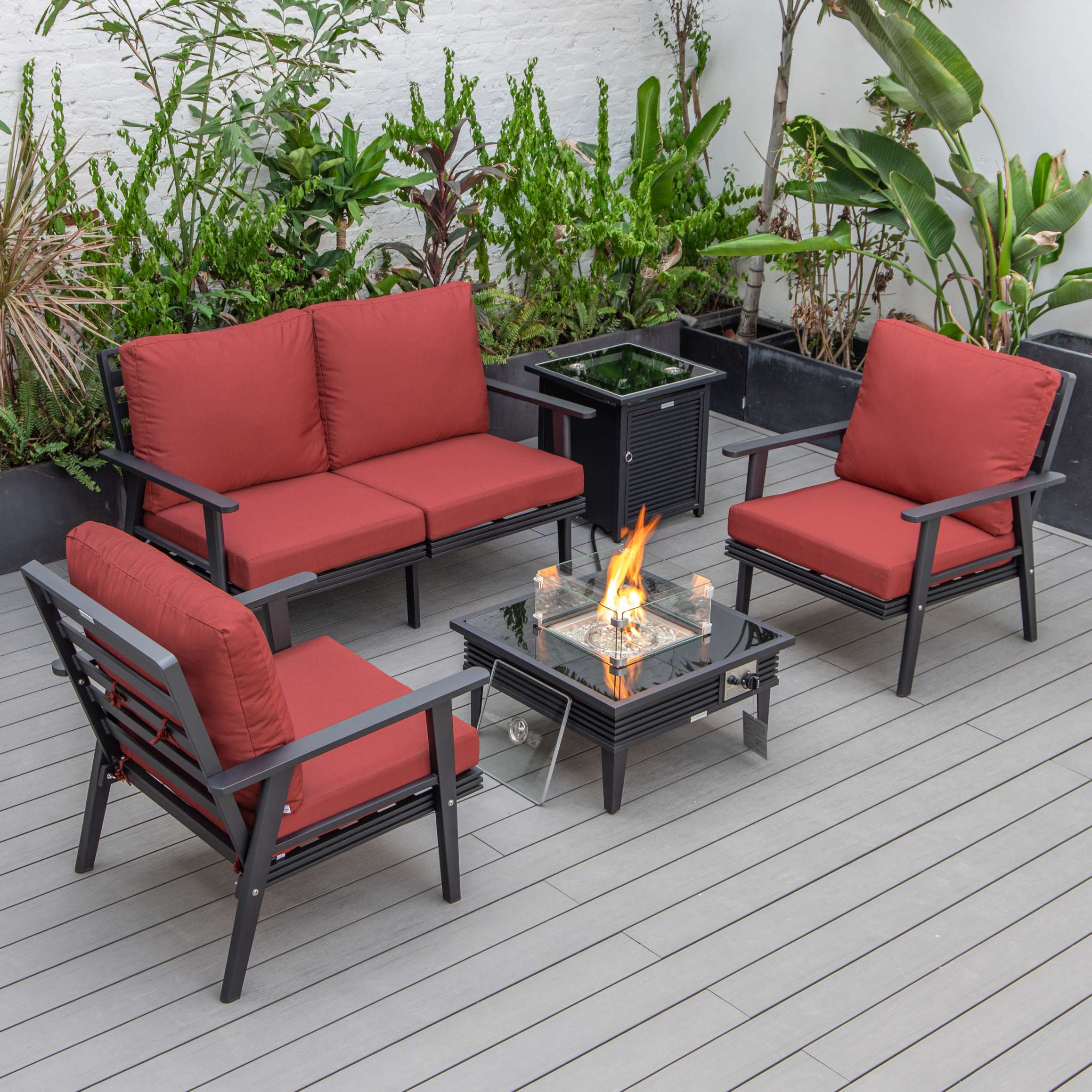 LeisureMod Walbrooke Modern Black Patio Conversation With Square Fire Pit With Slats Design & Tank Holder - Image 92