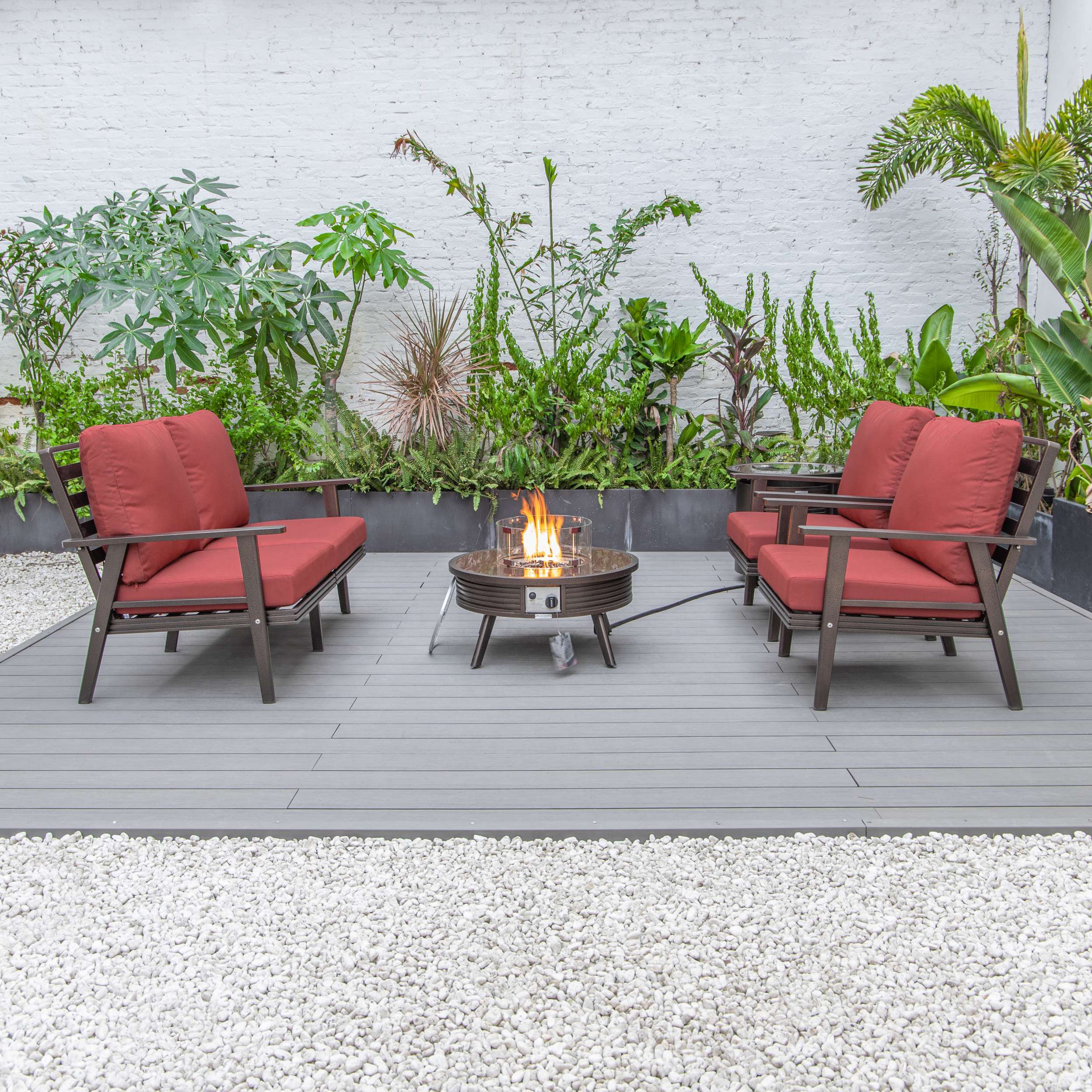 LeisureMod Walbrooke Modern Brown Patio Conversation With Round Fire Pit & Tank Holder - Image 134