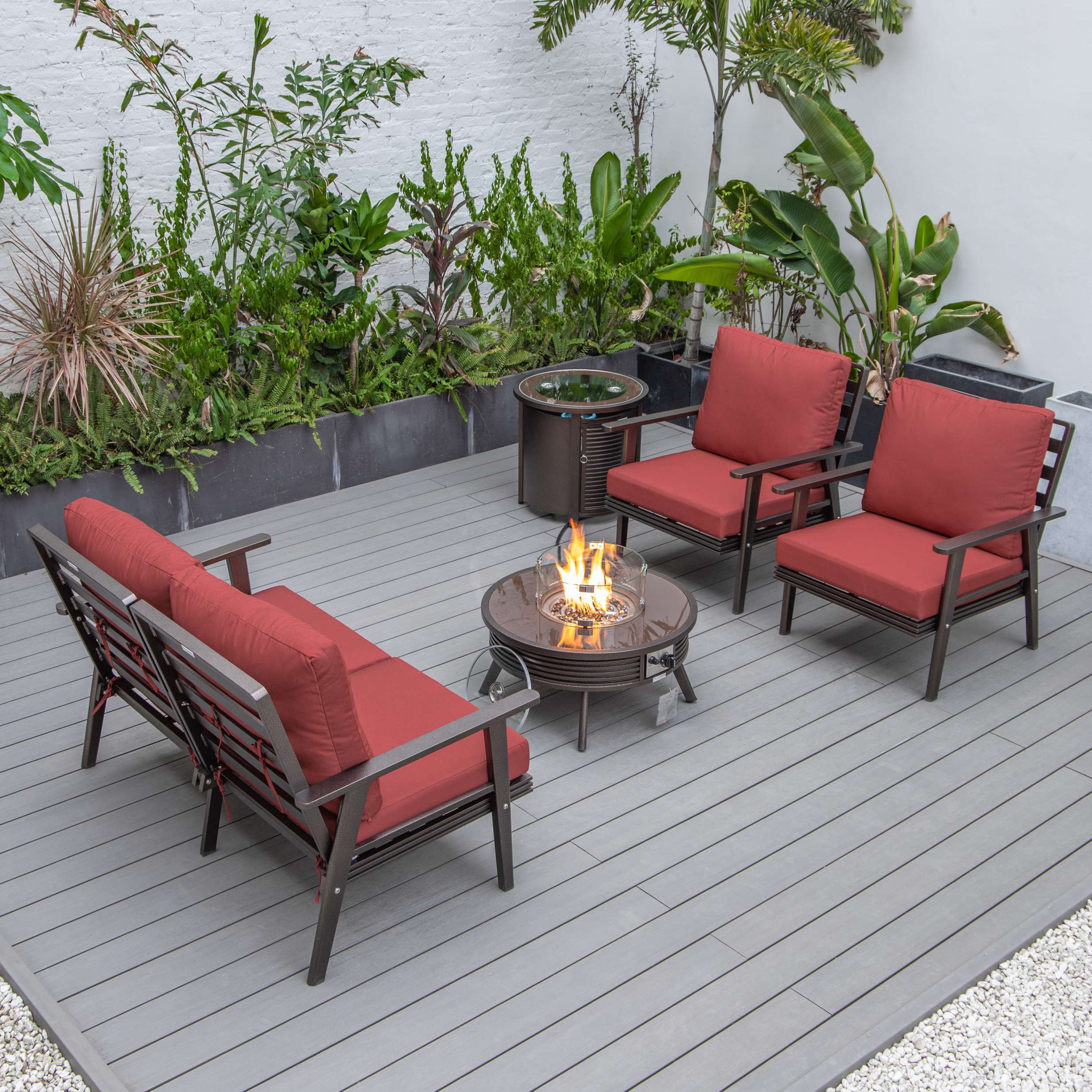 LeisureMod Walbrooke Modern Brown Patio Conversation With Round Fire Pit & Tank Holder - Image 135