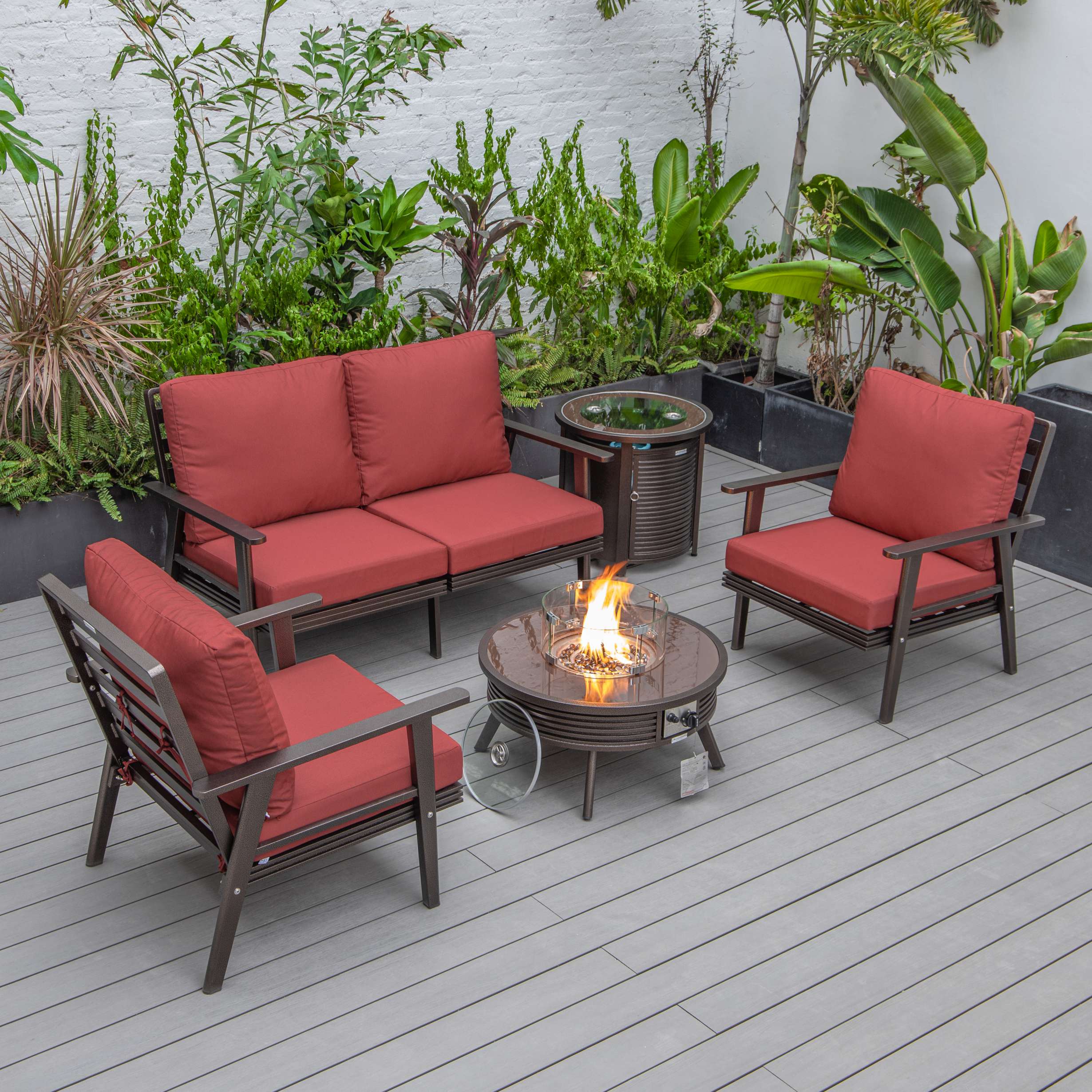 LeisureMod Walbrooke Modern Brown Patio Conversation With Round Fire Pit & Tank Holder - Image 137