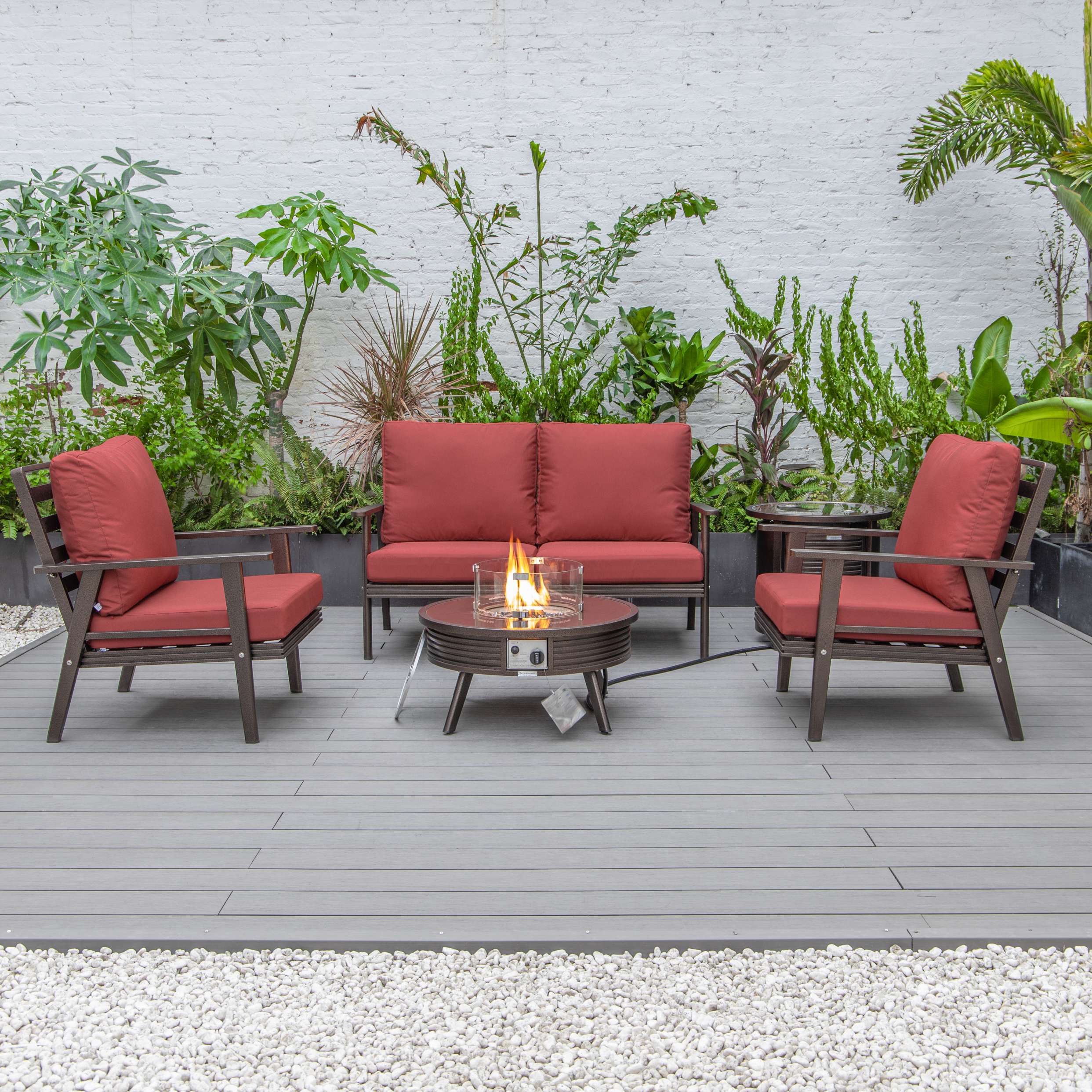 LeisureMod Walbrooke Modern Brown Patio Conversation With Round Fire Pit & Tank Holder - Image 138