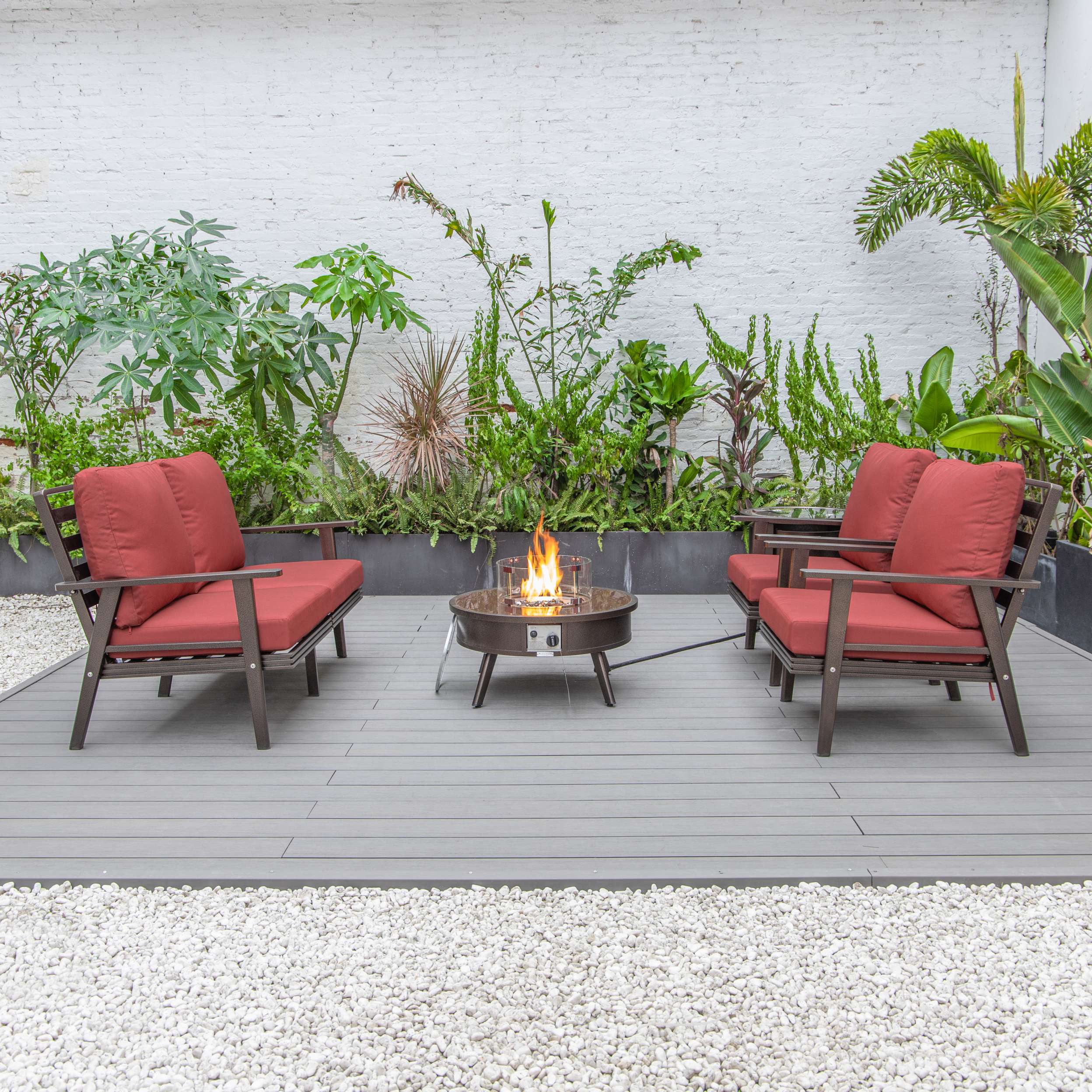 LeisureMod Walbrooke Modern Brown Patio Conversation With Round Fire Pit & Tank Holder - Image 139