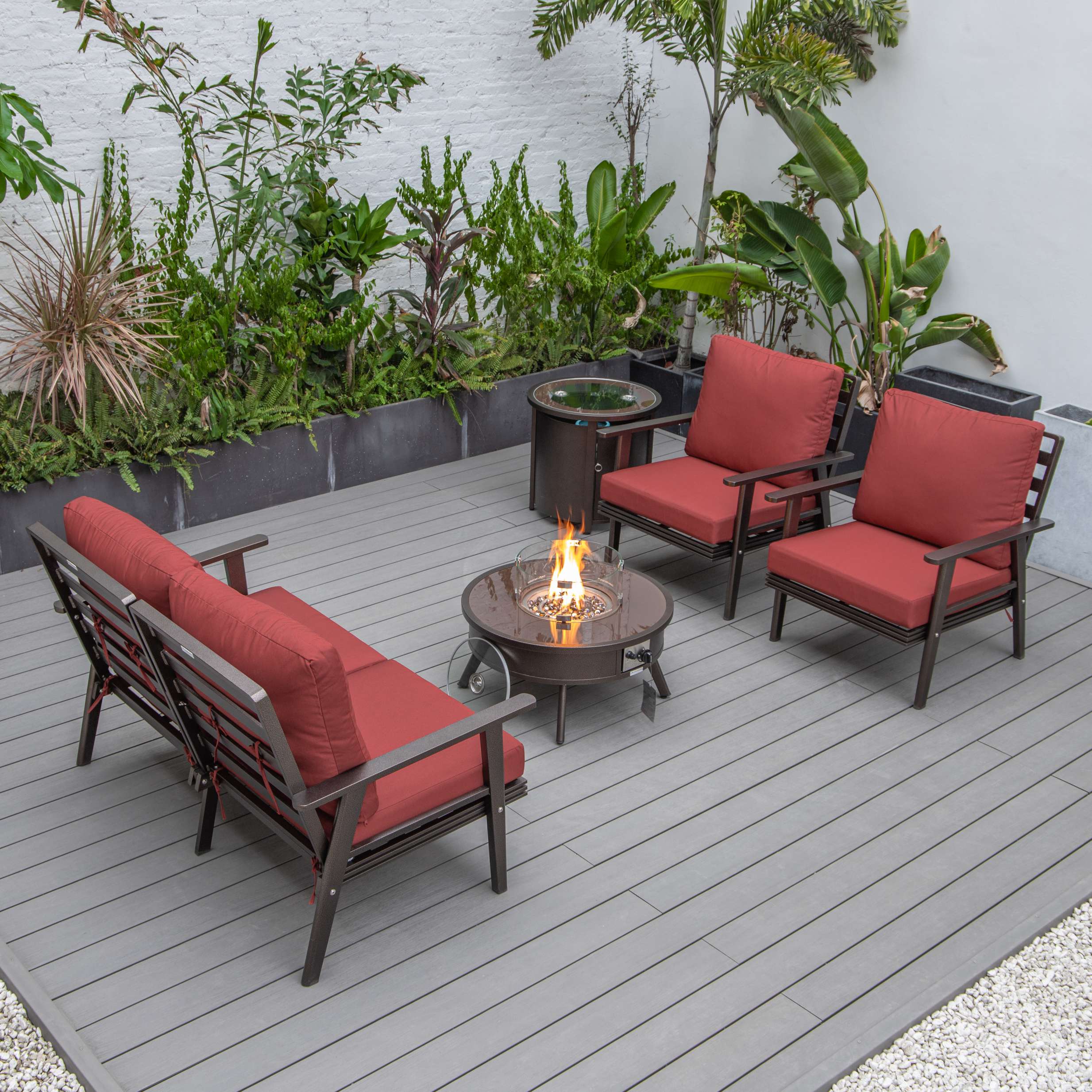 LeisureMod Walbrooke Modern Brown Patio Conversation With Round Fire Pit & Tank Holder - Image 140