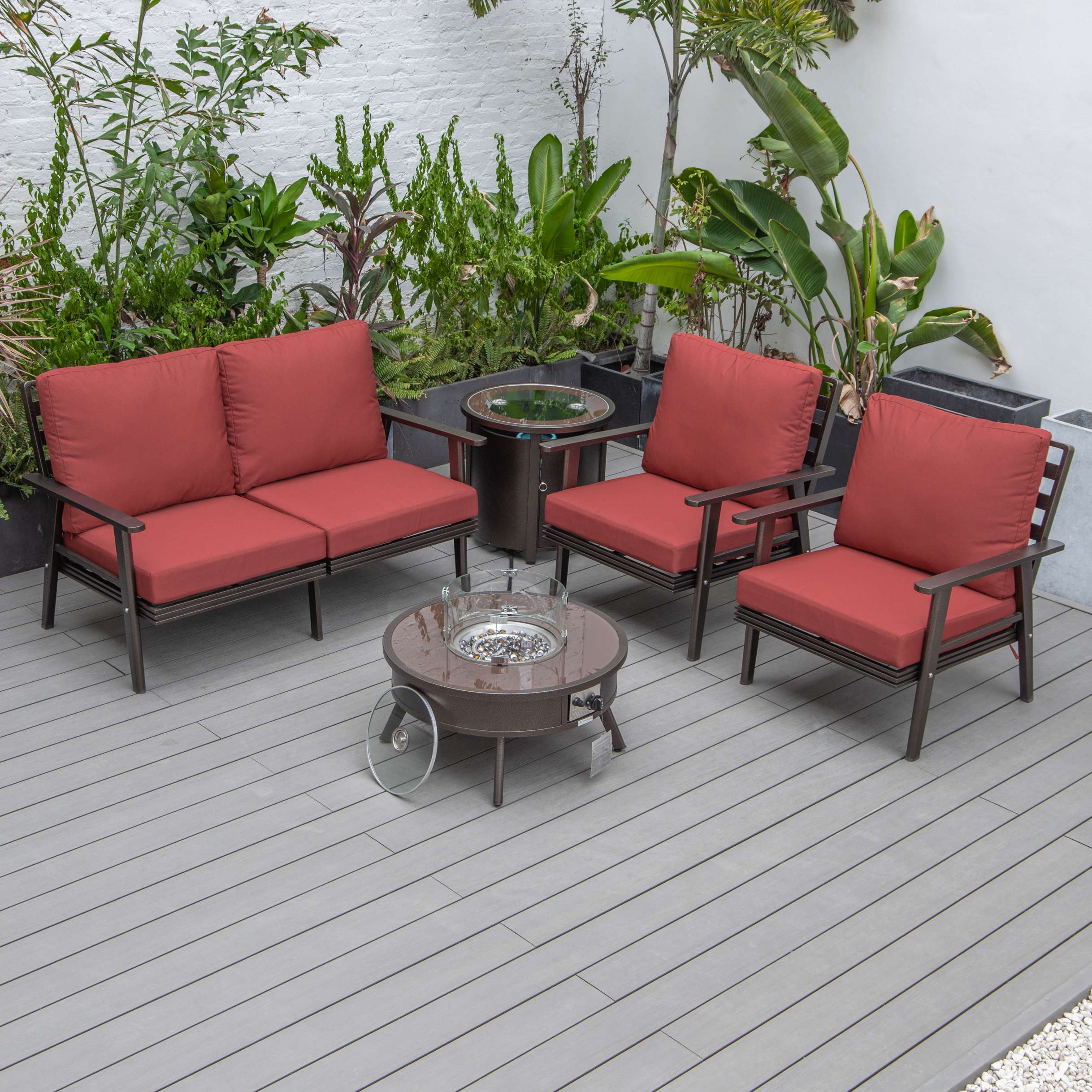 LeisureMod Walbrooke Modern Brown Patio Conversation With Round Fire Pit & Tank Holder - Image 141