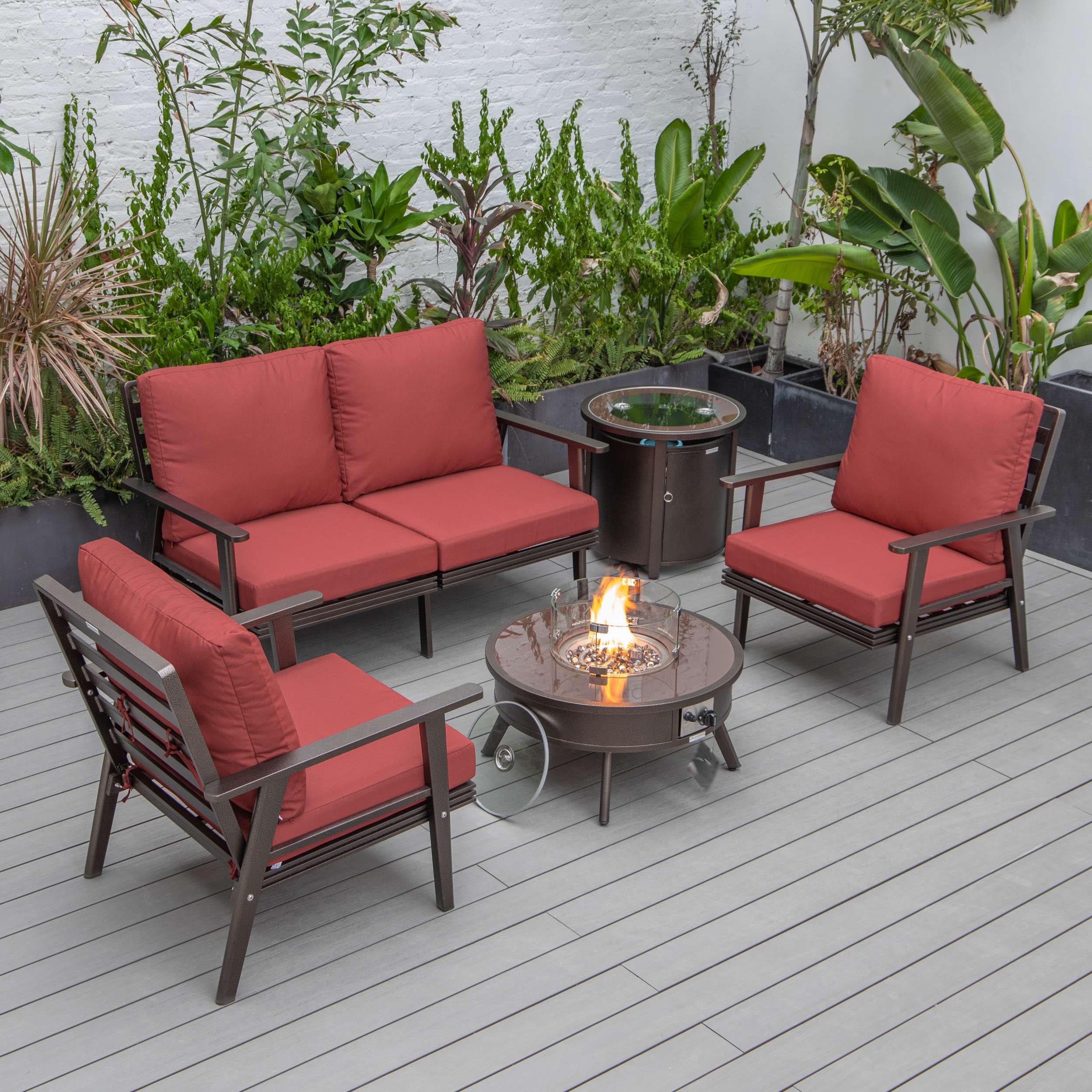 LeisureMod Walbrooke Modern Brown Patio Conversation With Round Fire Pit & Tank Holder - Image 142