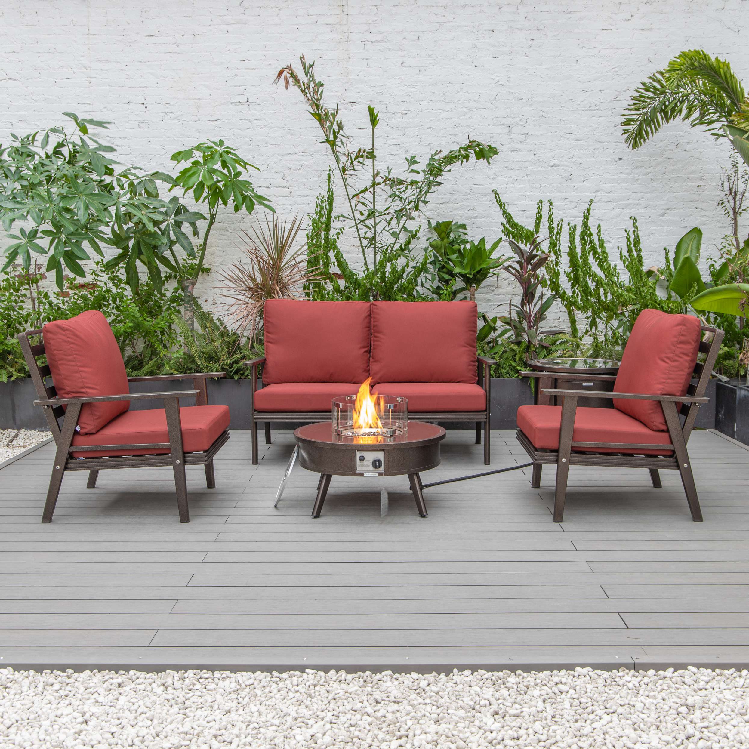 LeisureMod Walbrooke Modern Brown Patio Conversation With Round Fire Pit & Tank Holder - Image 143