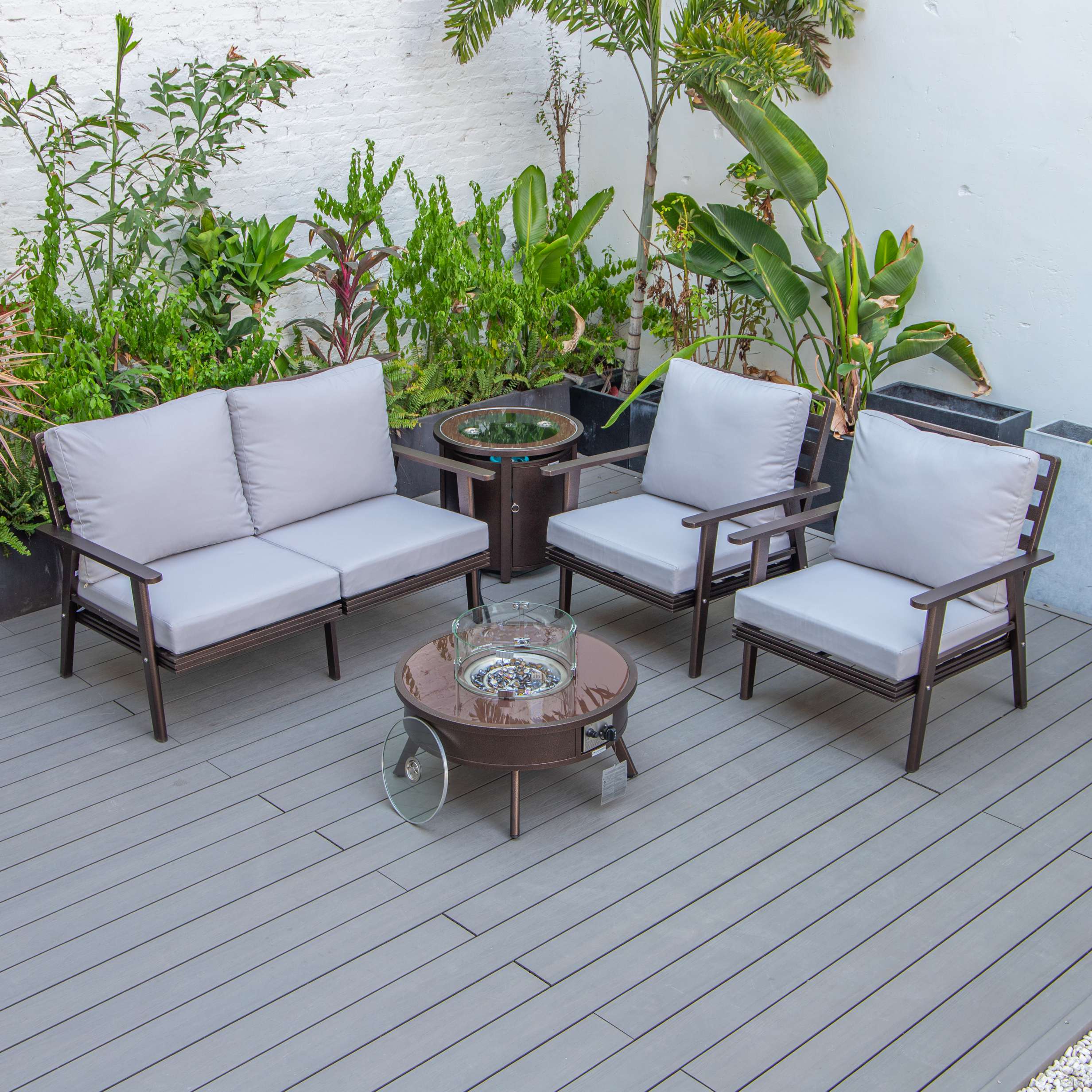 LeisureMod Walbrooke Modern Brown Patio Conversation With Round Fire Pit & Tank Holder - Image 153