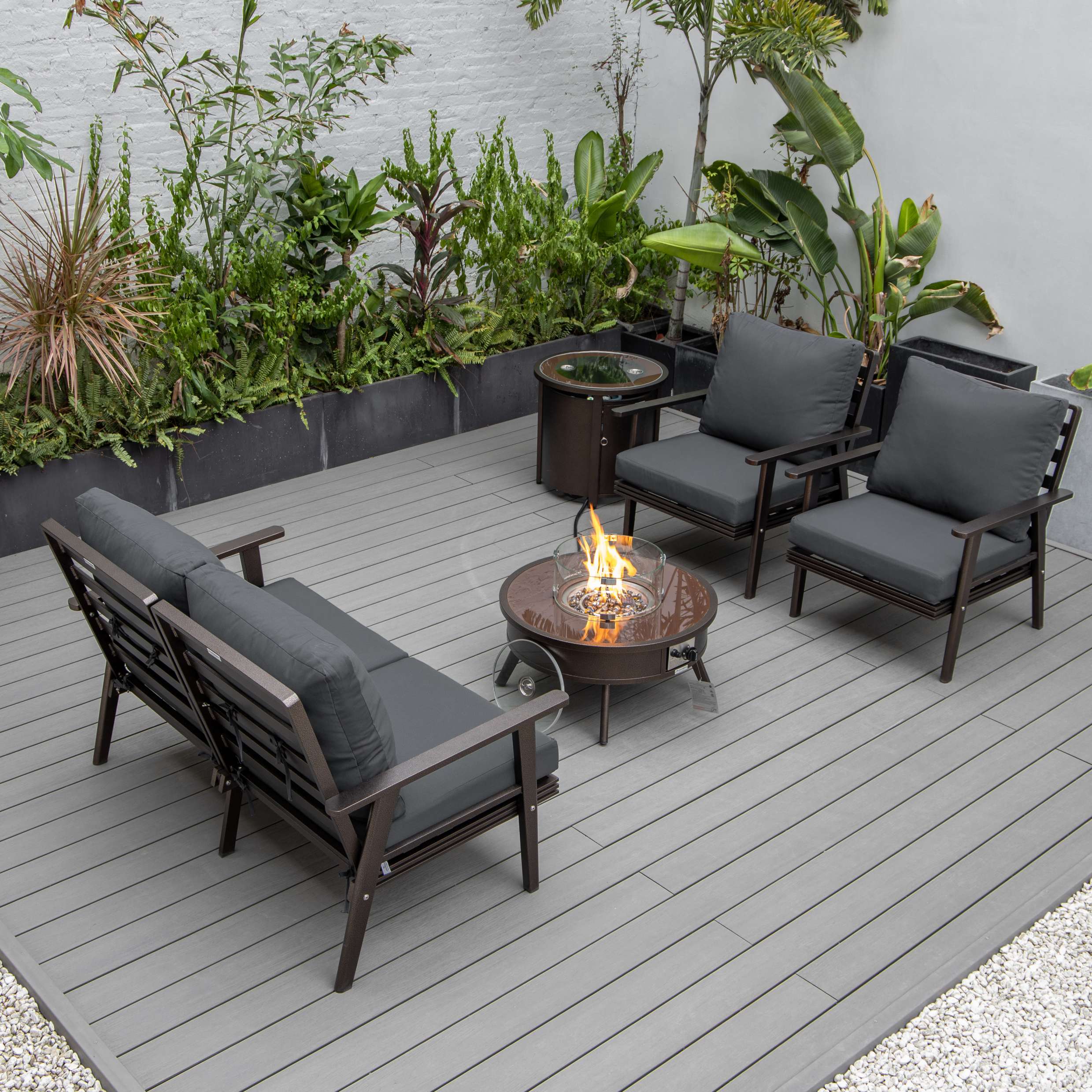 LeisureMod Walbrooke Modern Brown Patio Conversation With Round Fire Pit & Tank Holder - Image 2