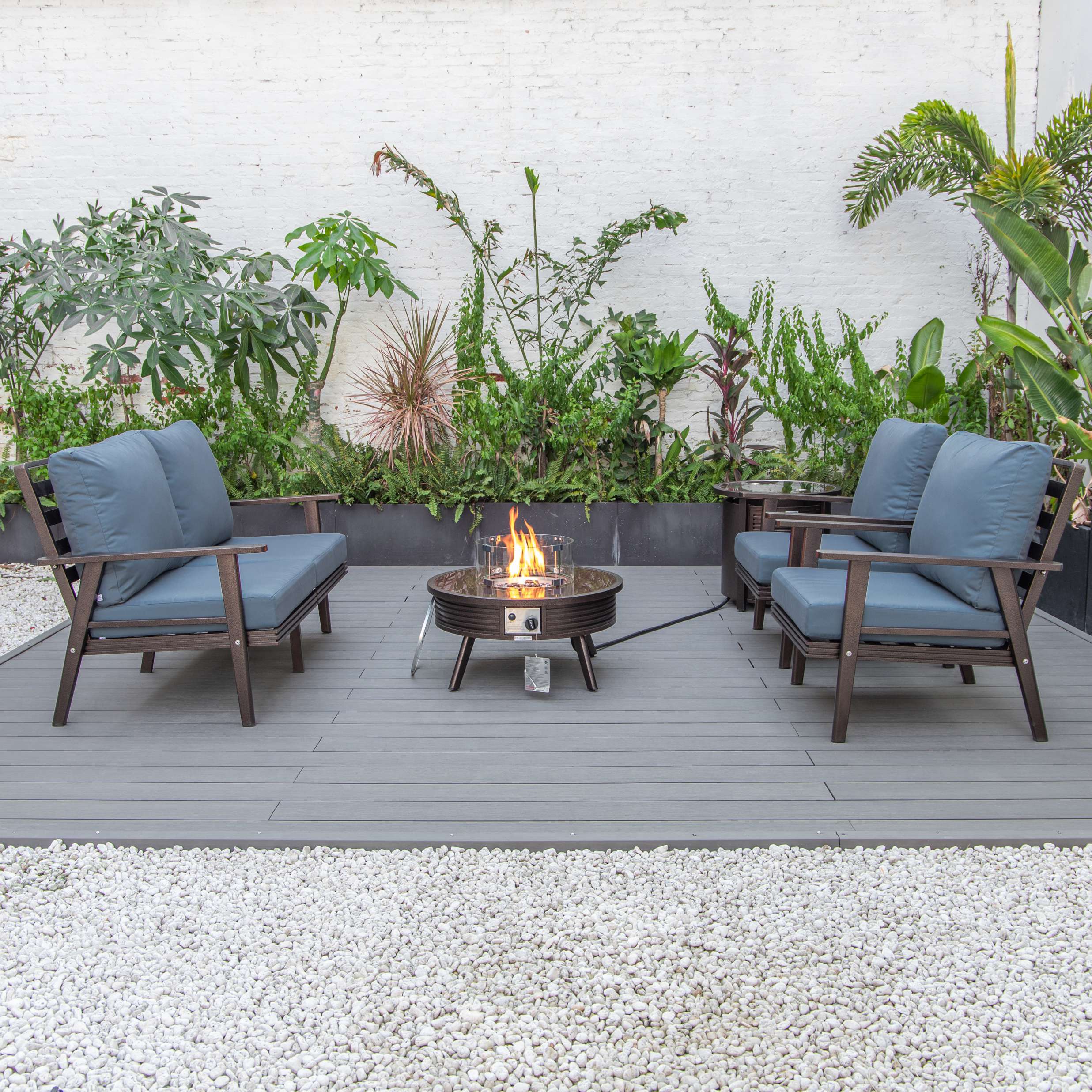 LeisureMod Walbrooke Modern Brown Patio Conversation With Round Fire Pit & Tank Holder - Image 25