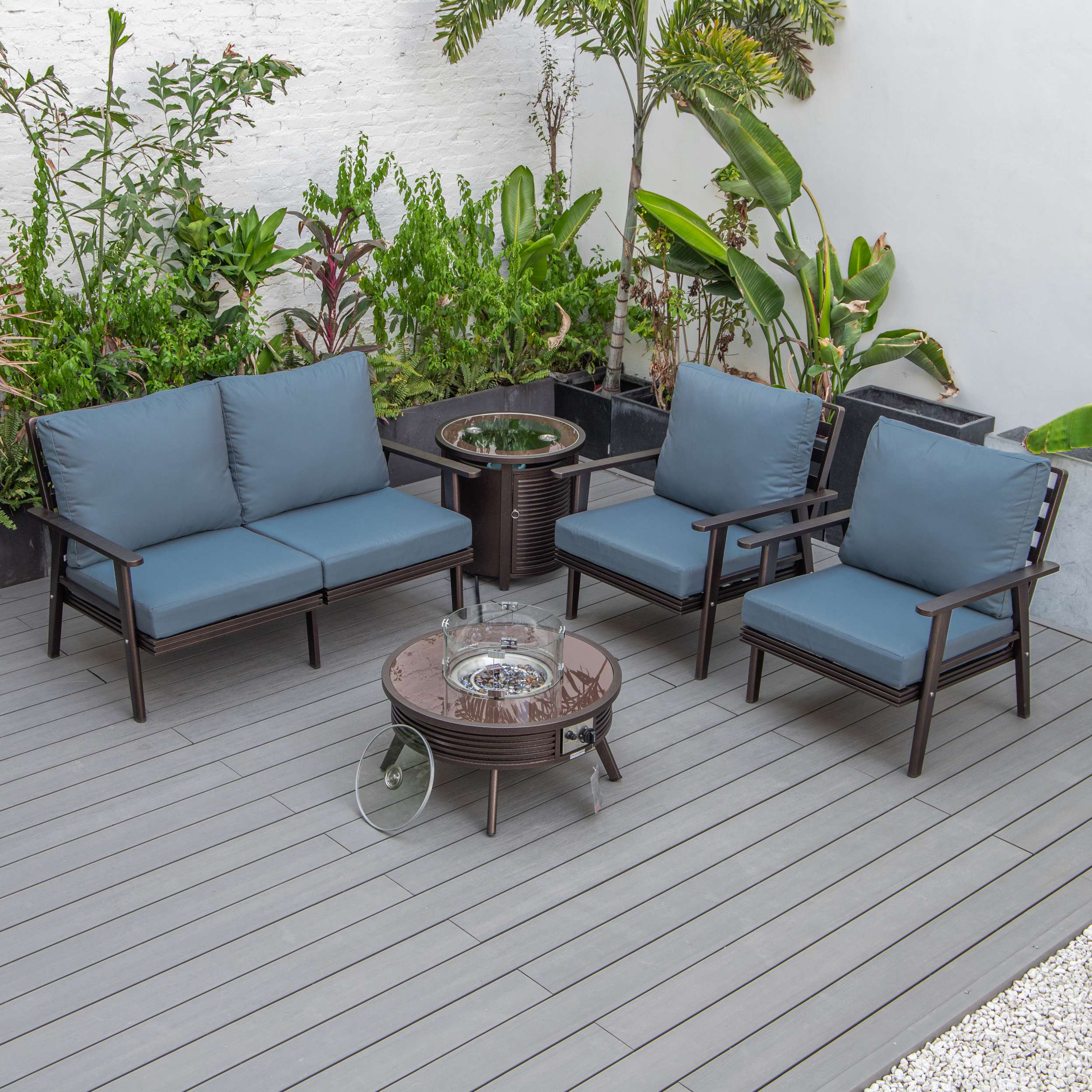 LeisureMod Walbrooke Modern Brown Patio Conversation With Round Fire Pit & Tank Holder - Image 26